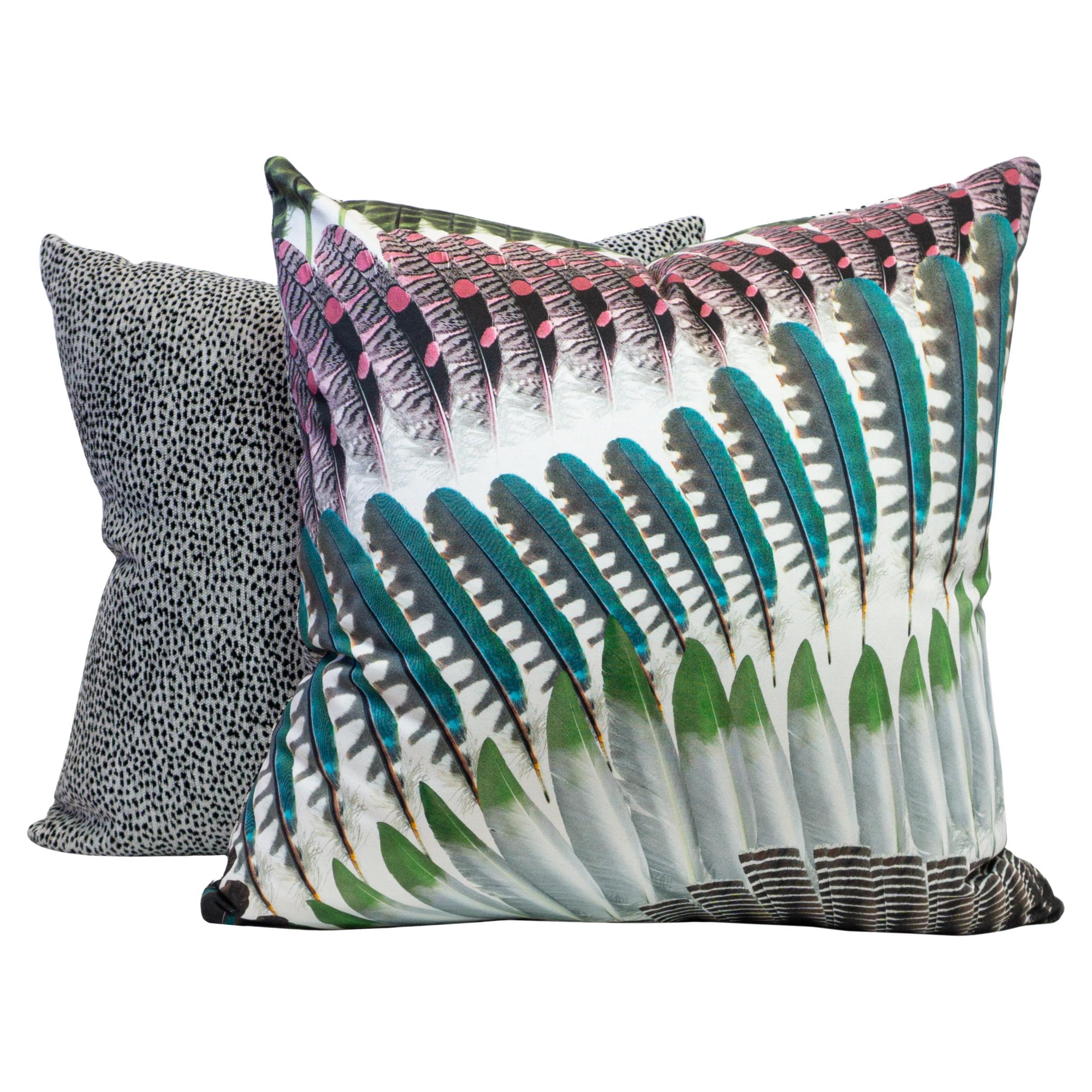 Multi-Color Feather Printed Dragon Fruit Velvet Fabric Square Pillows For Sale