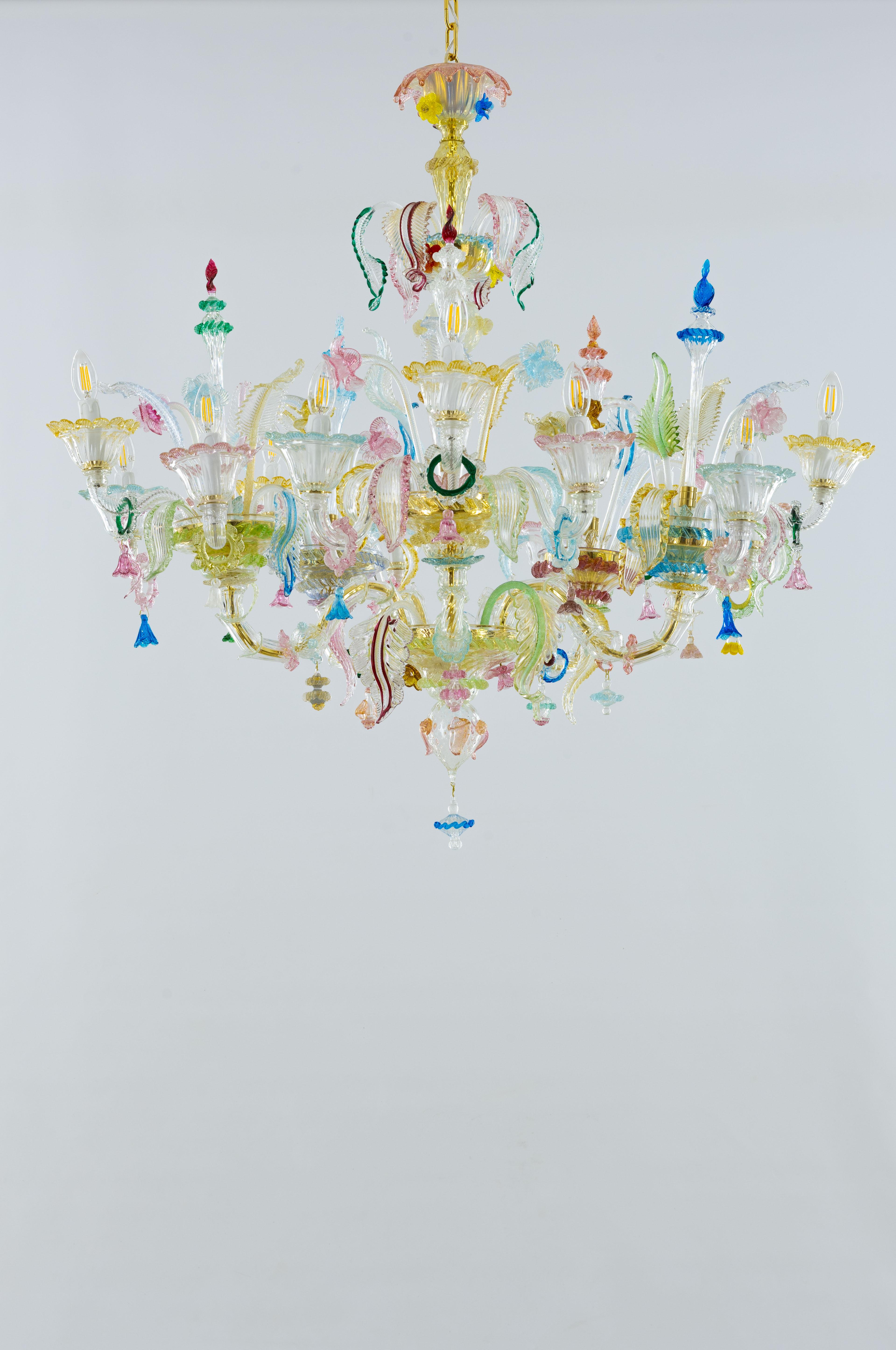 Multi-color floral chandelier in blown Murano glass deco, GIovanni Dalla Fina
outstanding Ca’Rezzonico chandelier, entirely handcrafted in blown Murano glass, designed and manufactured by Giovanni Dalla Fina, contemporary Italian artist Murano glass
