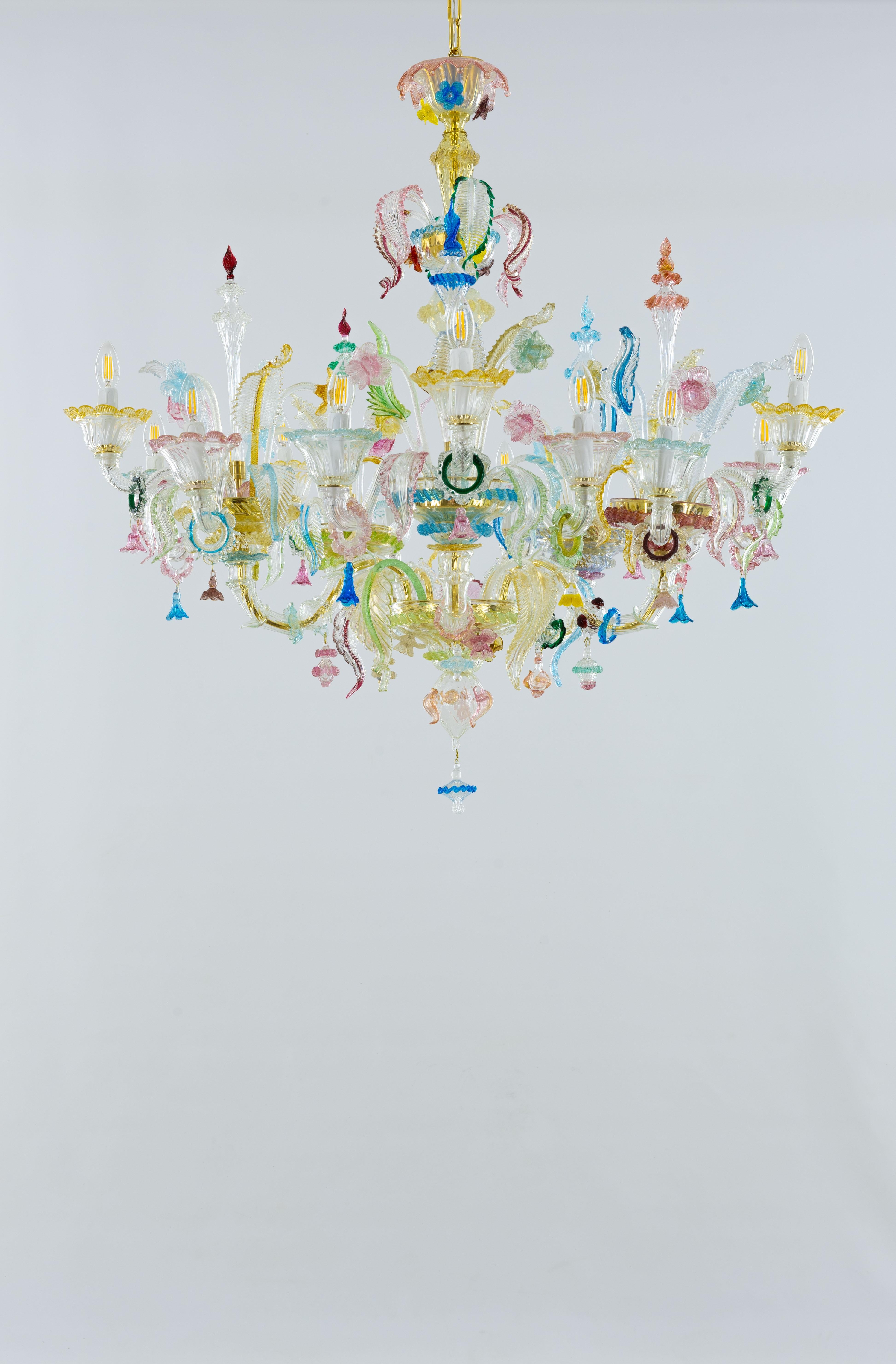 Art Deco Multi-Color Floral Chandelier in Blown Murano Glass Deco, Giovanni Dalla Fina For Sale