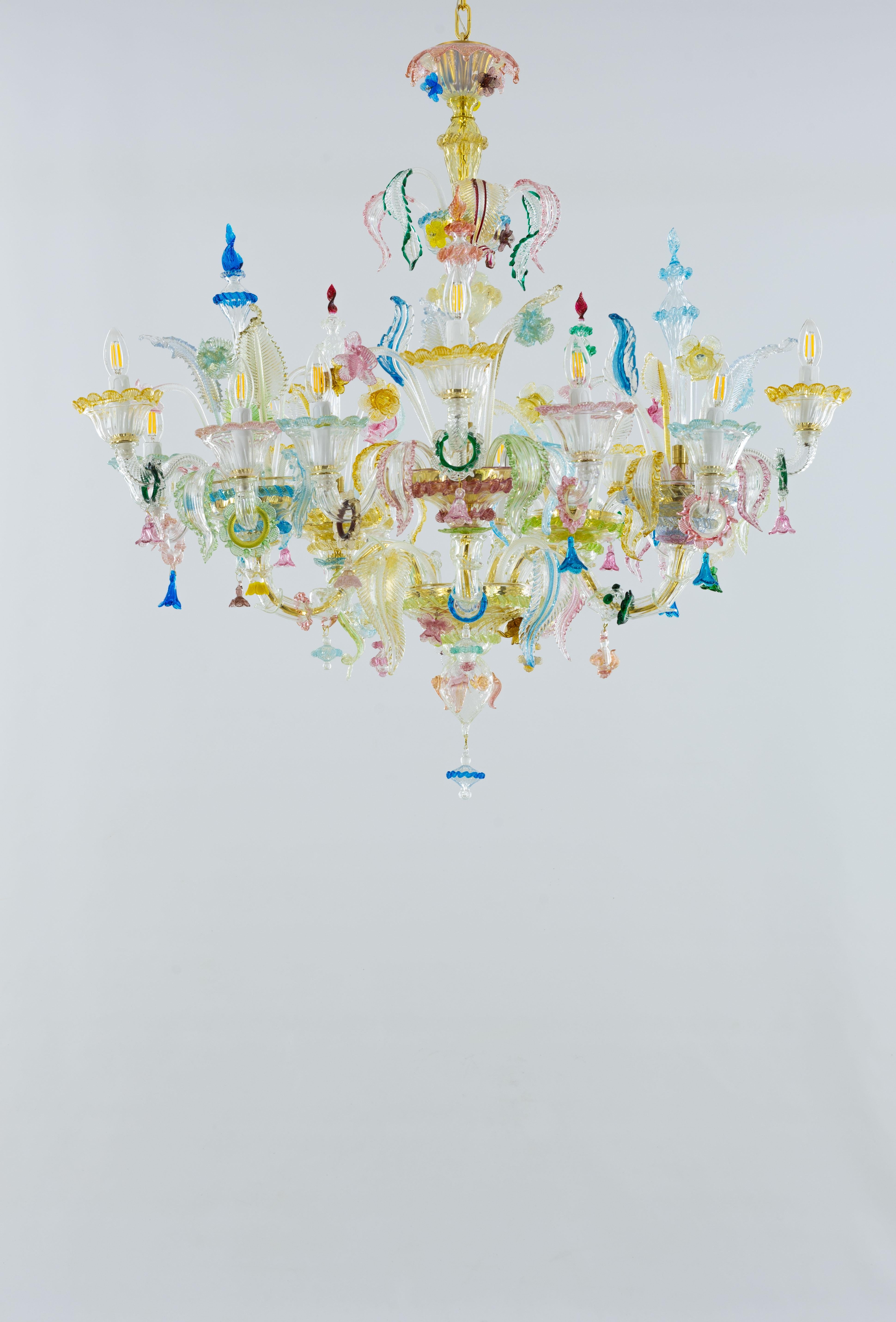 Italian Multi-Color Floral Chandelier in Blown Murano Glass Deco, Giovanni Dalla Fina For Sale