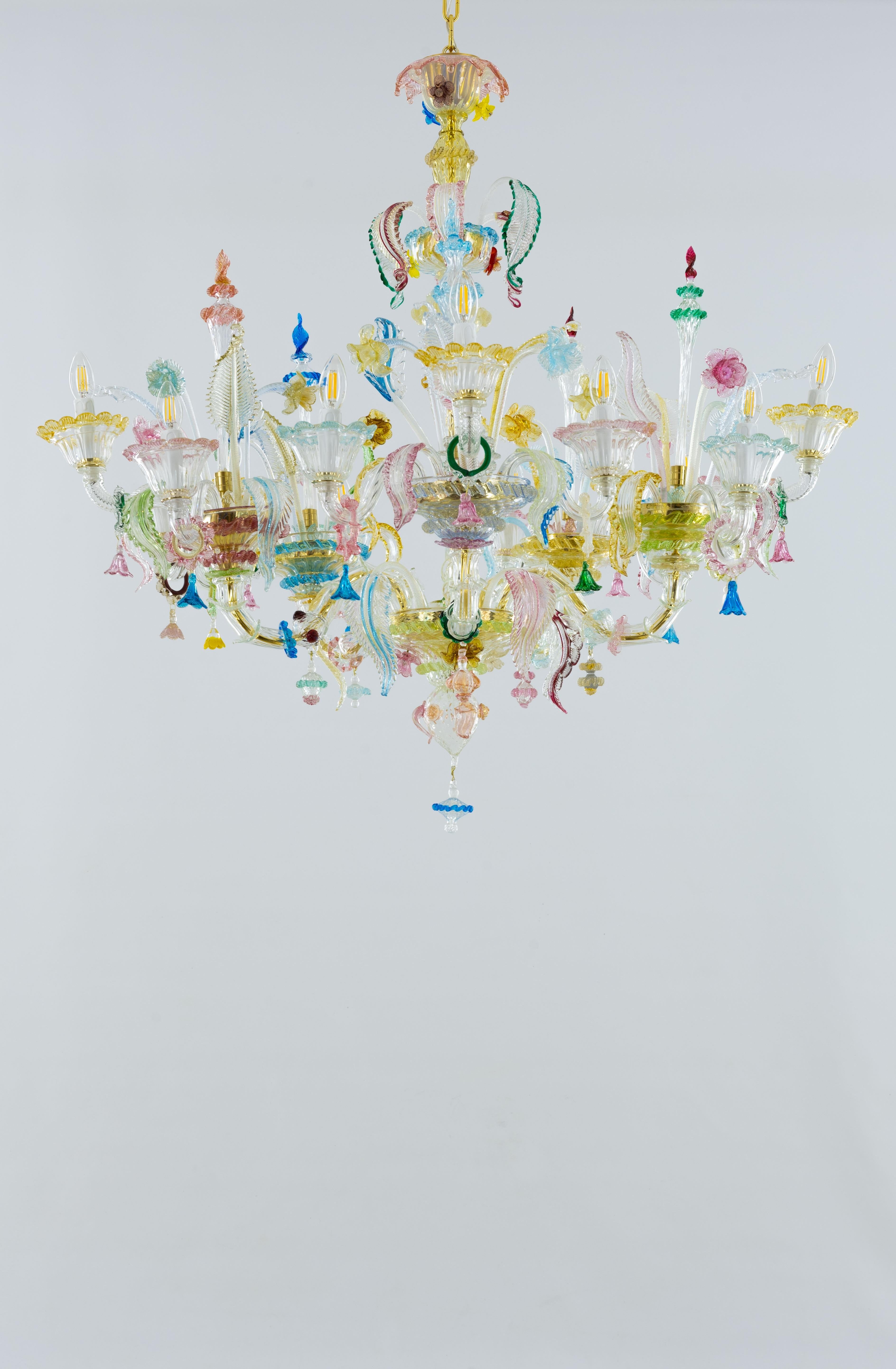 Fired Multi-Color Floral Chandelier in Blown Murano Glass Deco, Giovanni Dalla Fina For Sale