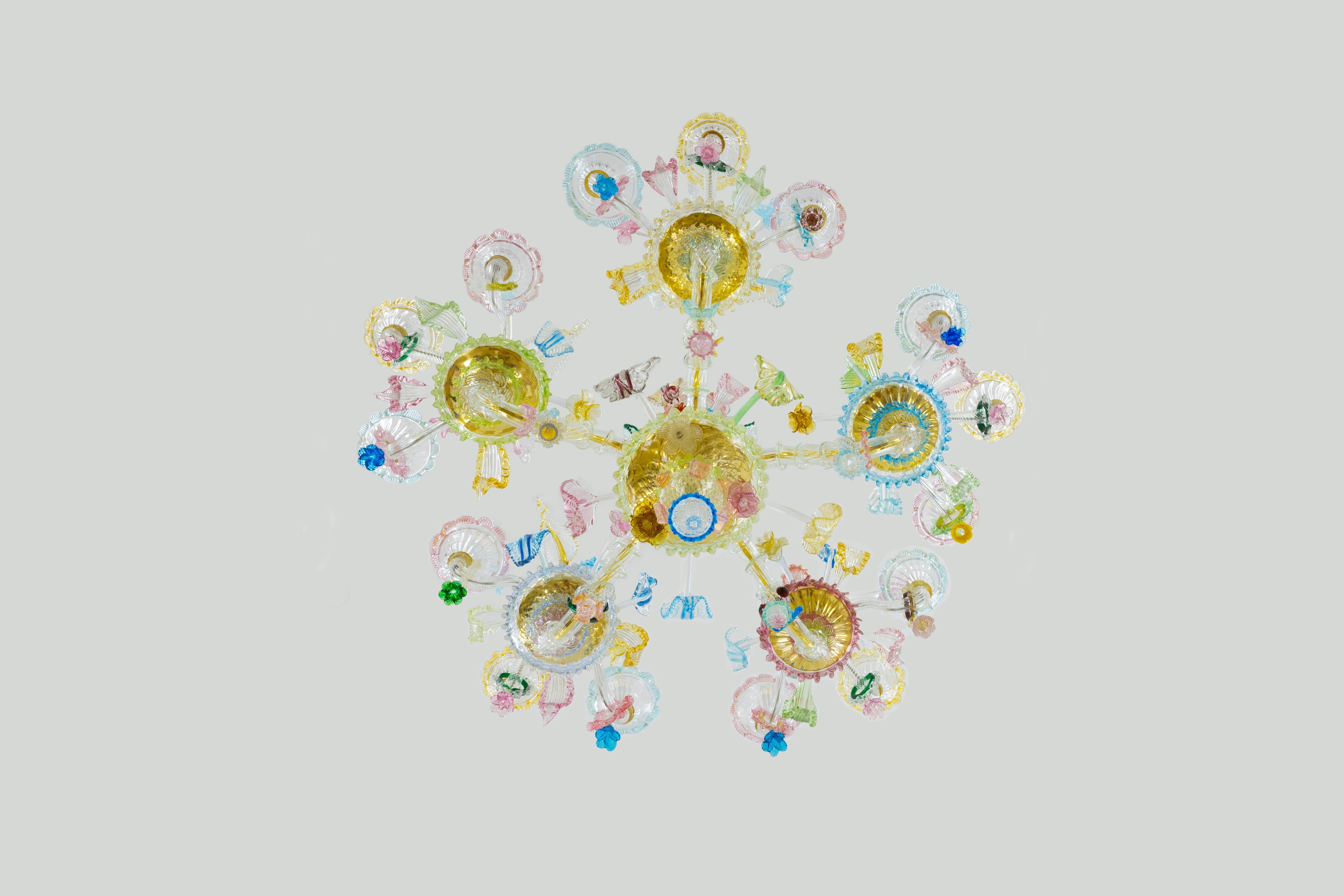 20th Century Multi-Color Floral Chandelier in Blown Murano Glass Deco, Giovanni Dalla Fina For Sale