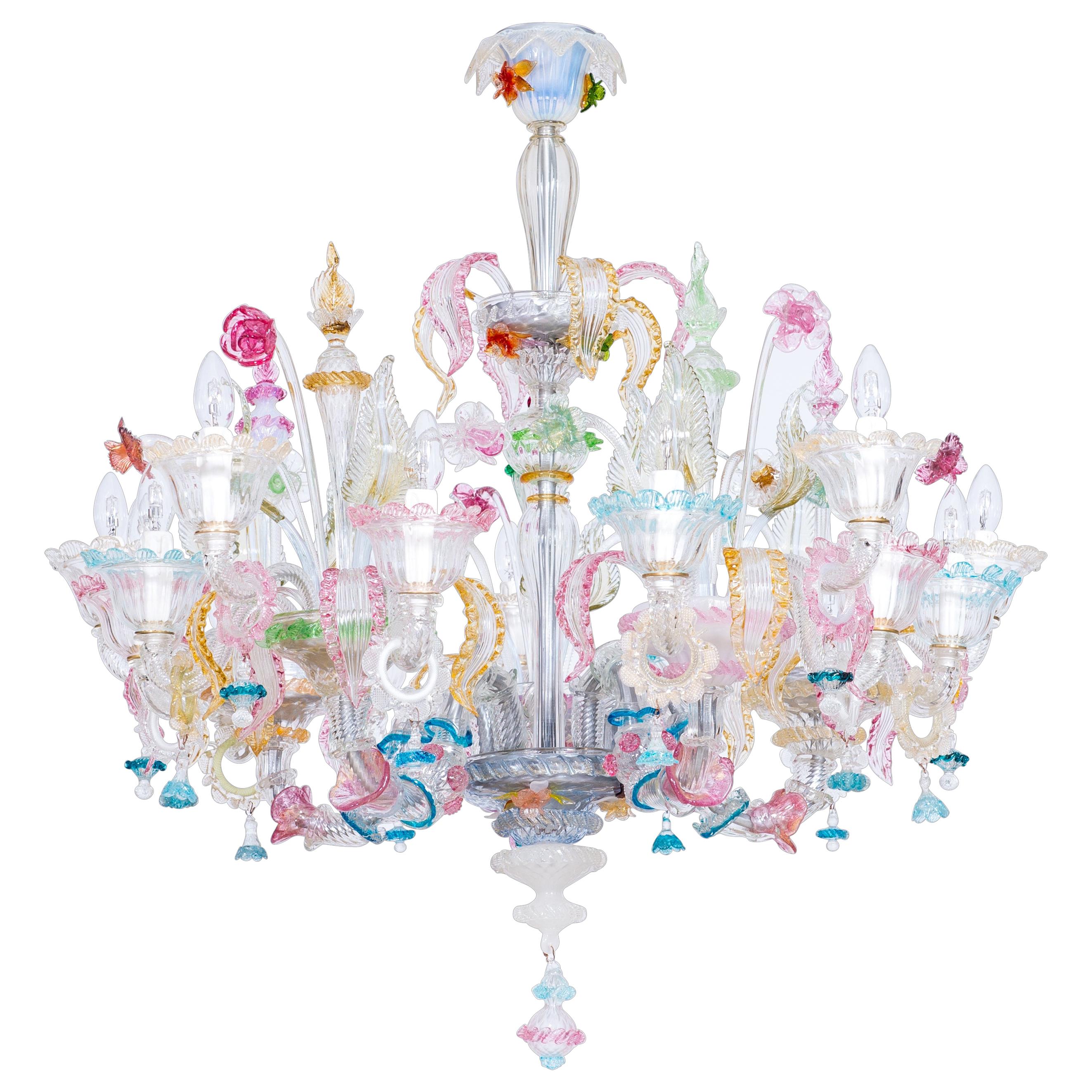 Multi-Color Floral Chandelier in Blown Murano Glass Deco, Giovanni Dalla Fina