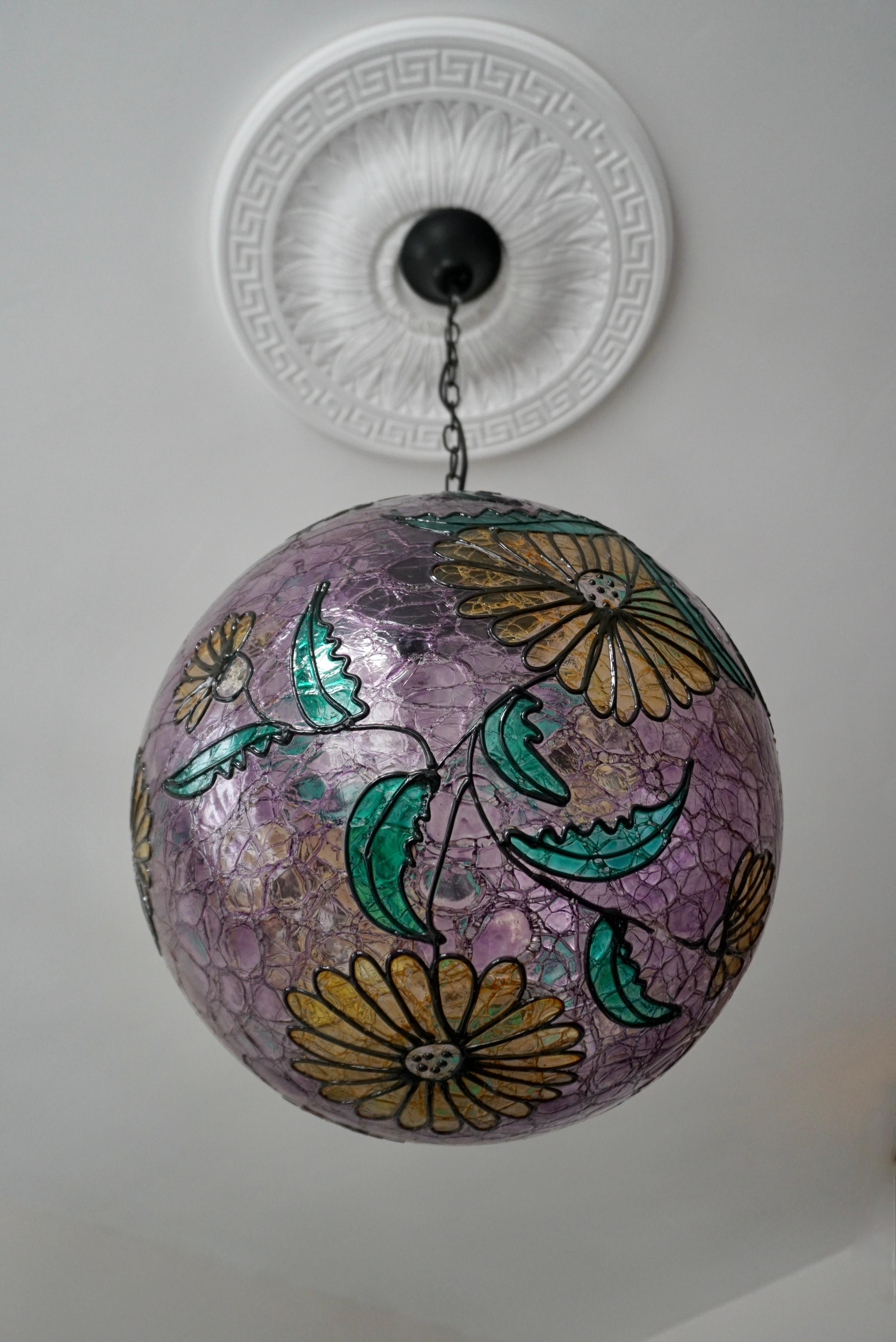 Metal Multi-Color Floral Murano Glass Globe Pendant For Sale