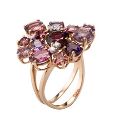 Multi-Color Garnet Amethyst Diamond 18 Karat Rose Gold Ring