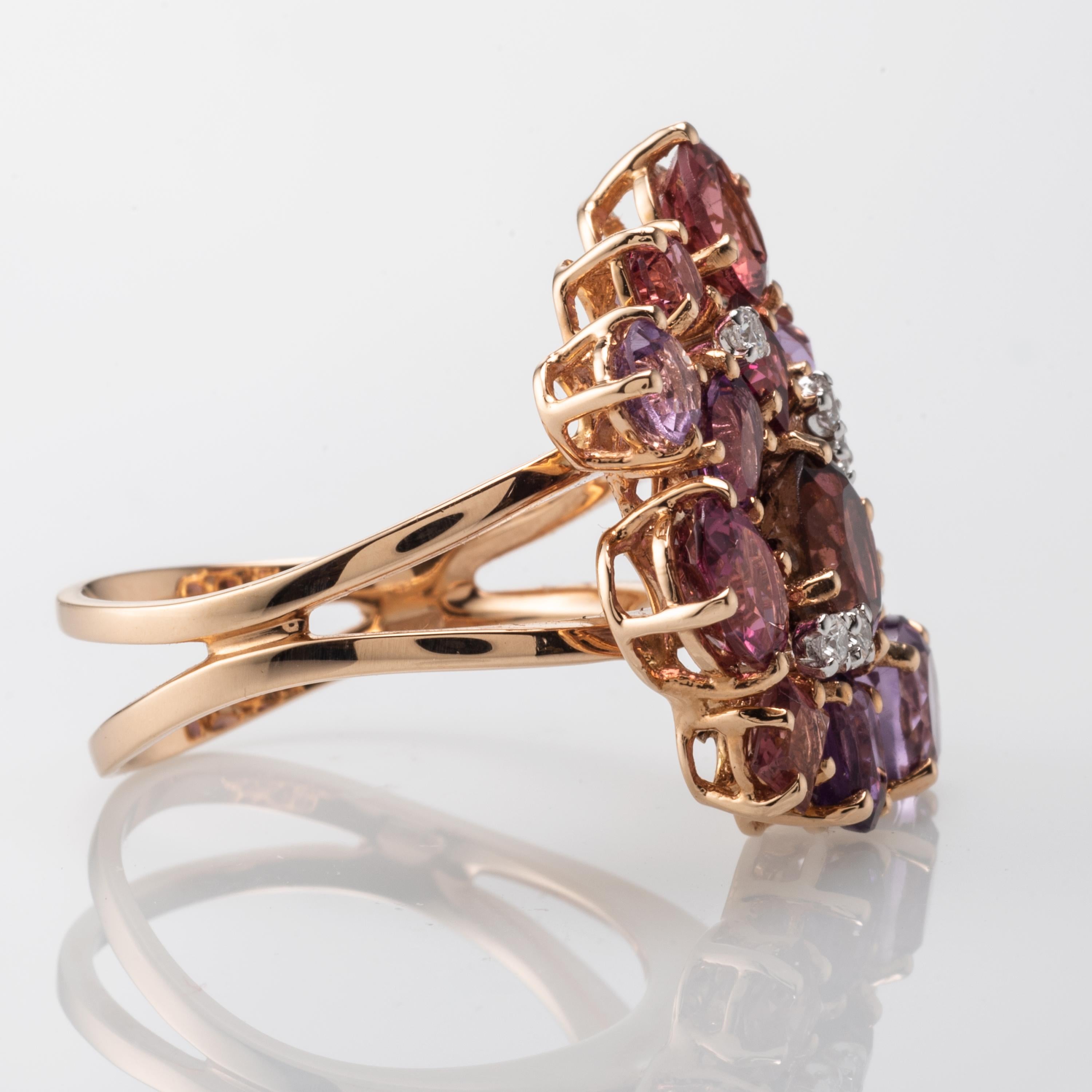 Modern Multi-Color Garnet Amethyst Diamond 18 Karat Rose Gold Ring