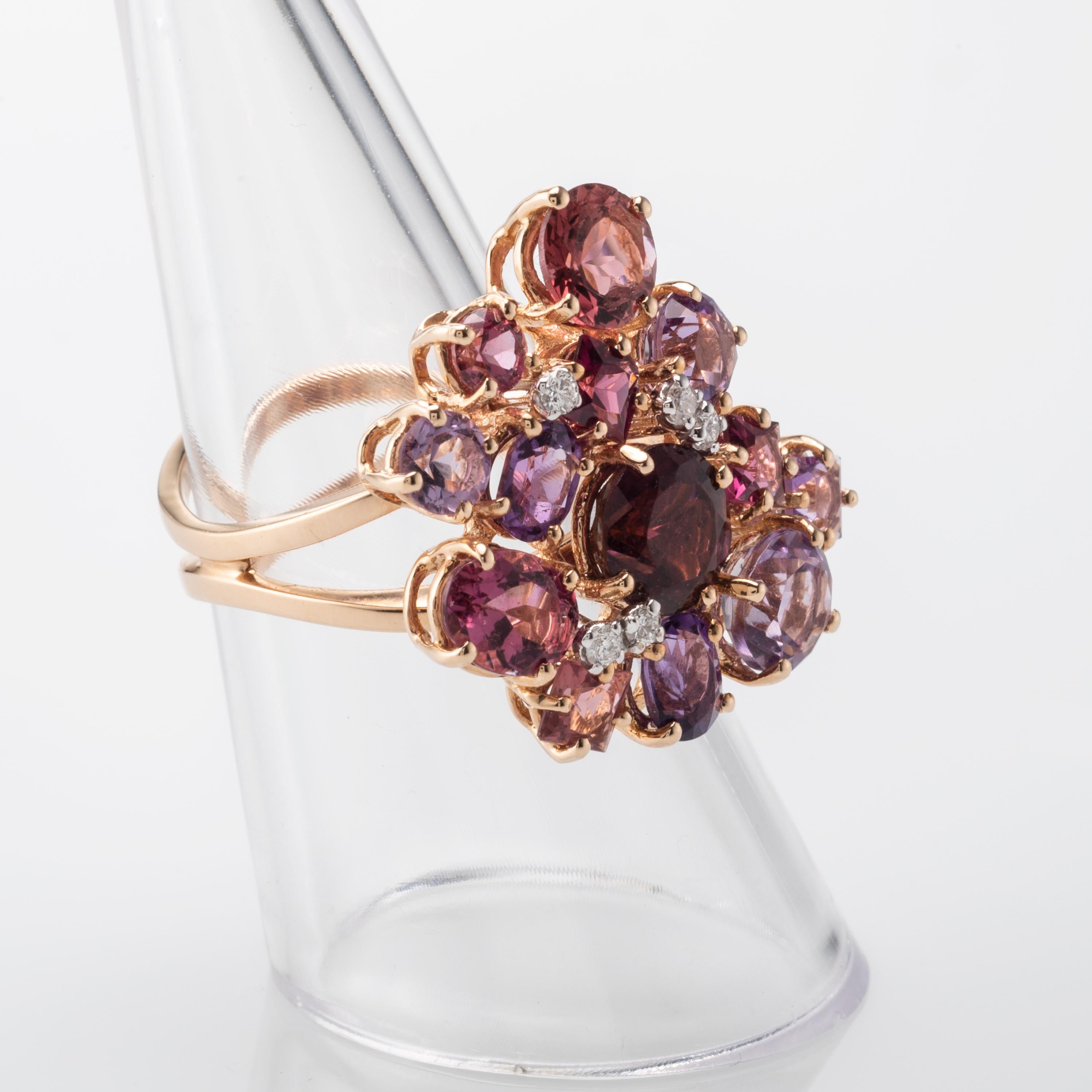 Multi-Color Garnet Amethyst Diamond 18 Karat Rose Gold Ring In New Condition In London, UK