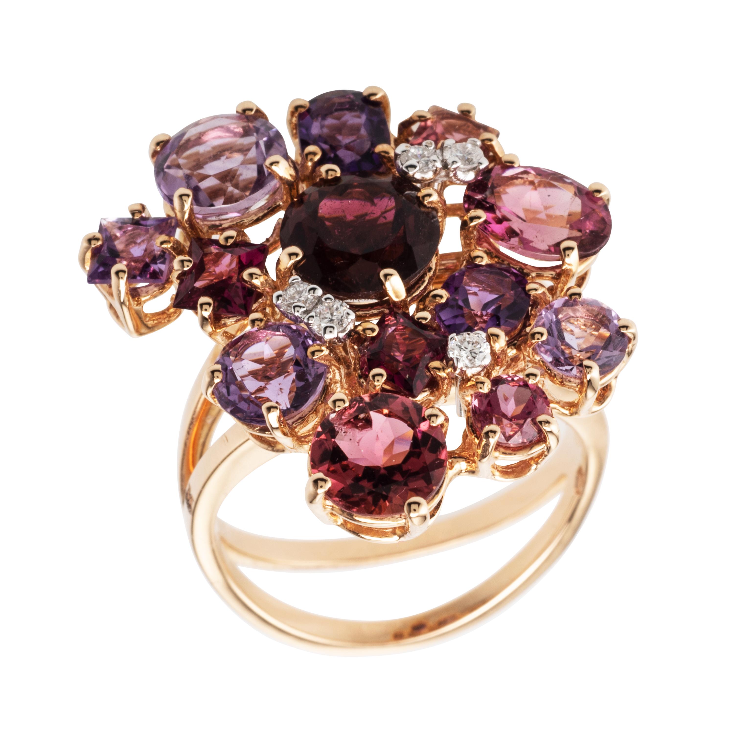 Multi-Color Garnet Amethyst Diamond 18 Karat Rose Gold Ring