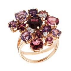 Multi-Color Garnet Amethyst Diamond 18 Karat Rose Gold Ring