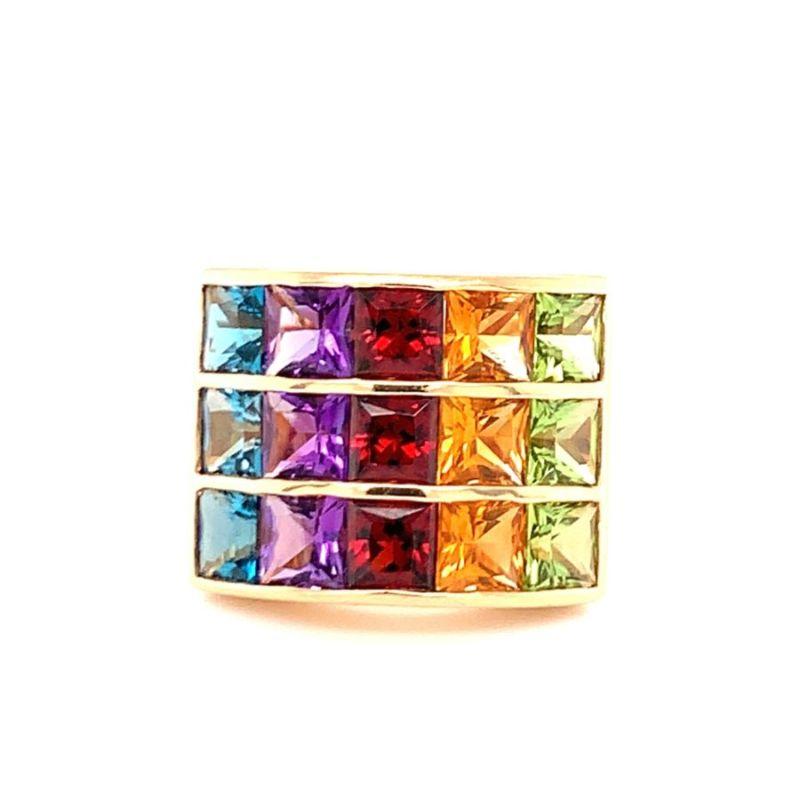 One multi-color rainbow gemstone 14K yellow gold ring featuring 15 square cut gemstones weighing approximately 7 ct. in total. Featuring peridots, tourmalines, amethysts, citrines and blue topaz for a wonderful, vibrant rainbow motif.

Radiant,