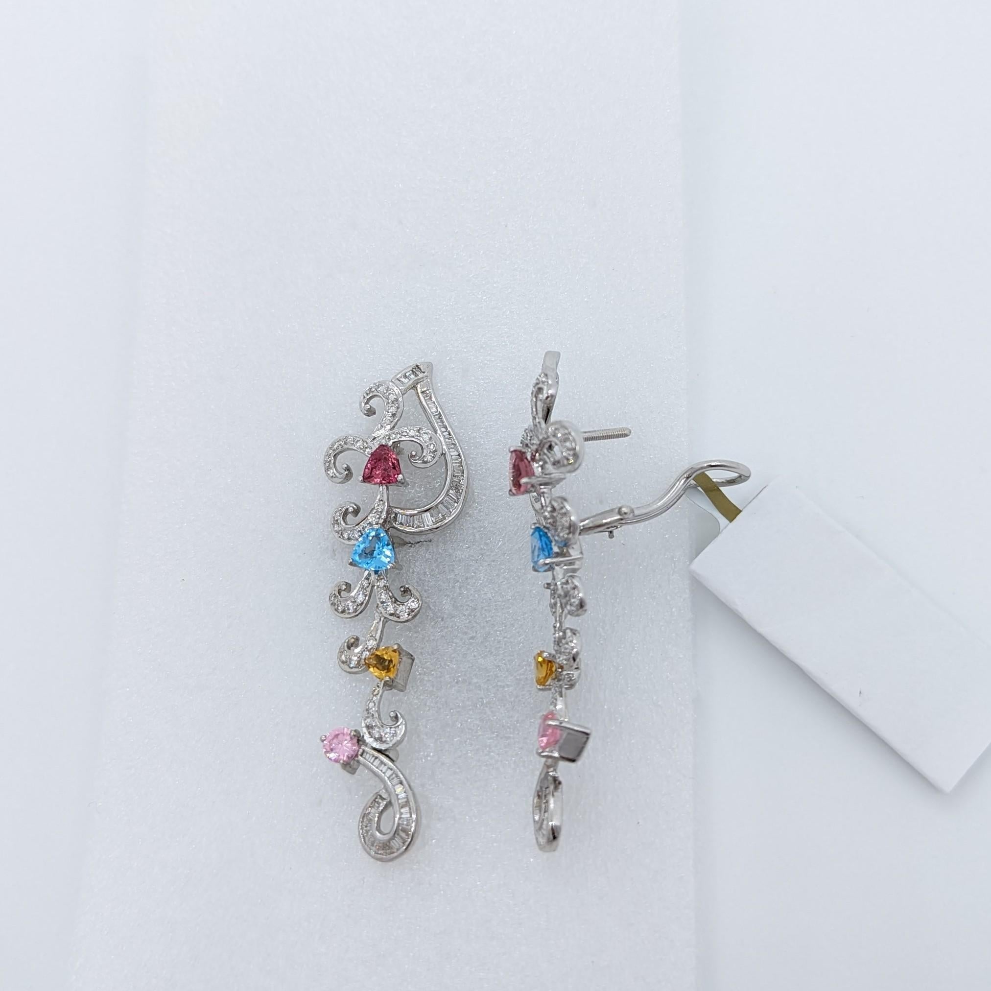 Multi-Color Gems and White Diamond Dangle Earrings in 18K  In New Condition For Sale In Los Angeles, CA