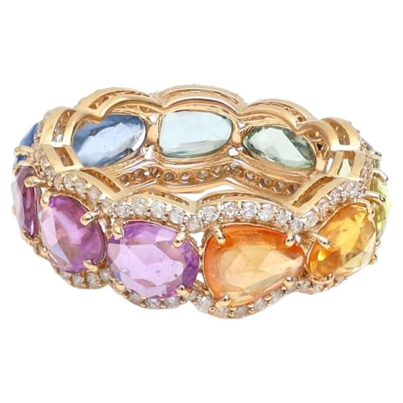 For Sale:  6.09ct Multi-Color Sapphire & Diamond 14K Yellow Gold Band Ring