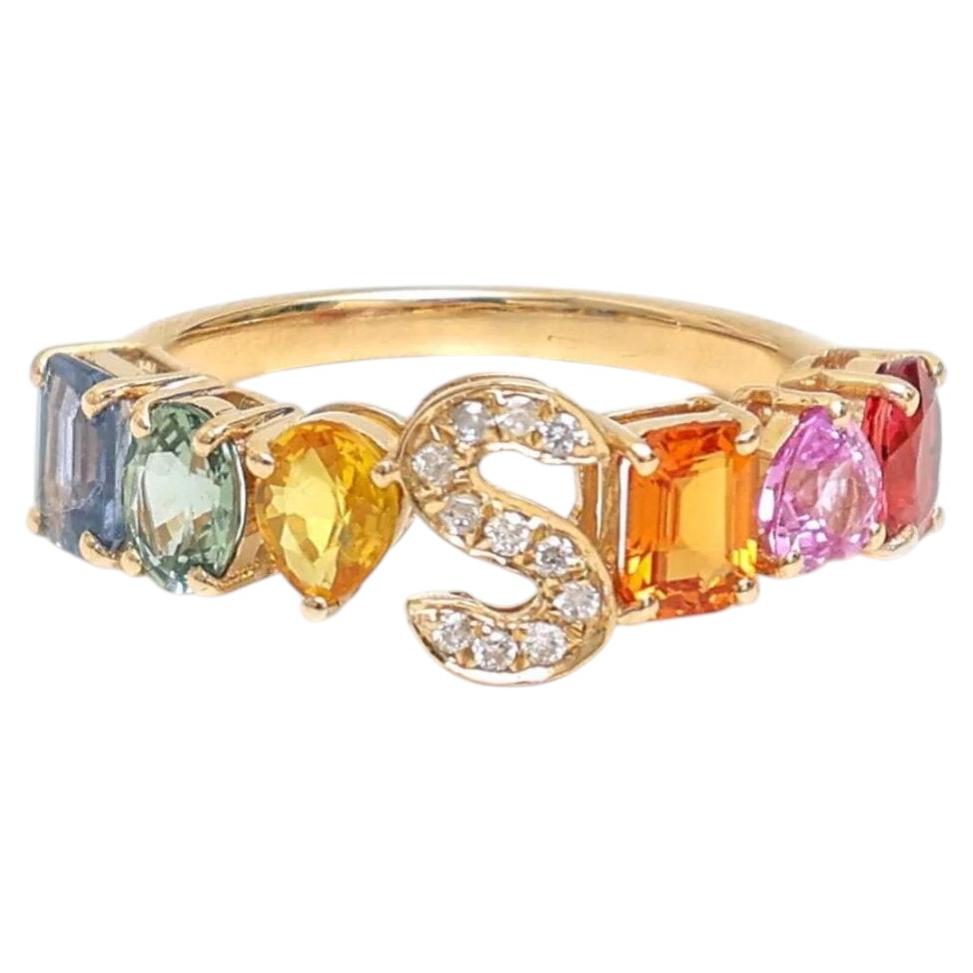 For Sale:  2.58ct Multi-Color Sapphire "S" Initial 14K Yellow Gold Ring