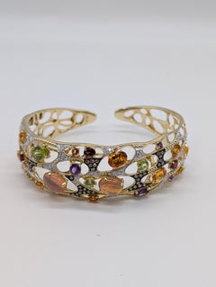 Multi-Color Gemstone and Diamond 14K Yellow Gold Cuff Bangle