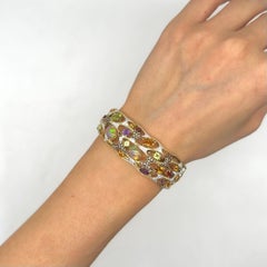 Multi-Color Gemstone and Diamond 14K Yellow Gold Cuff Bangle