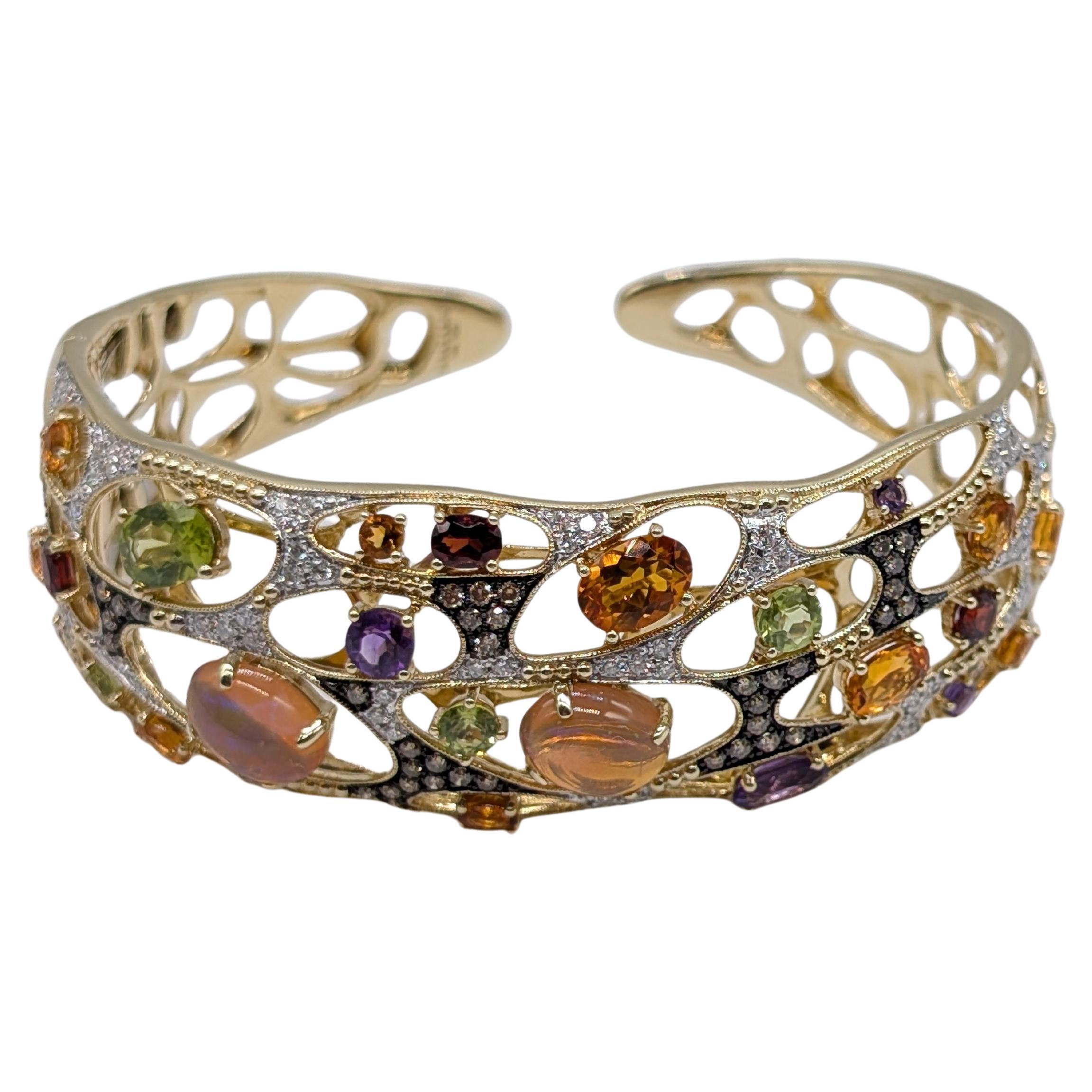 Bracciale con gemme multicolore e diamanti in oro giallo 14 carati in vendita