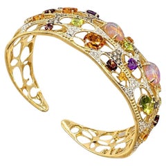 Multi-Color Gemstone and Diamond 14K Yellow Gold Cuff Bangle