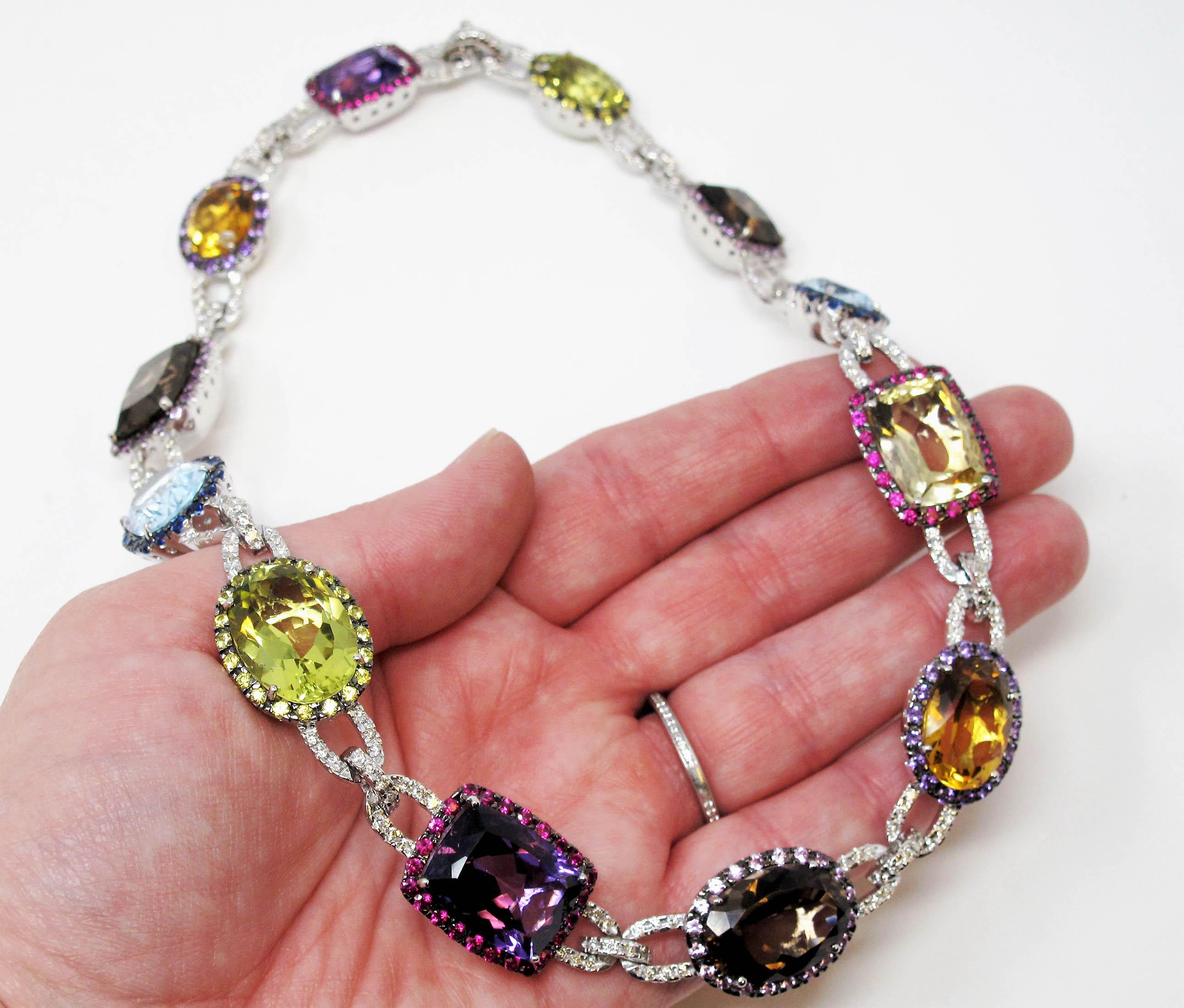 Mehrfarbige Edelsteine und Pavé-Diamanten Choker Halskette 18 Karat Weißgold 7