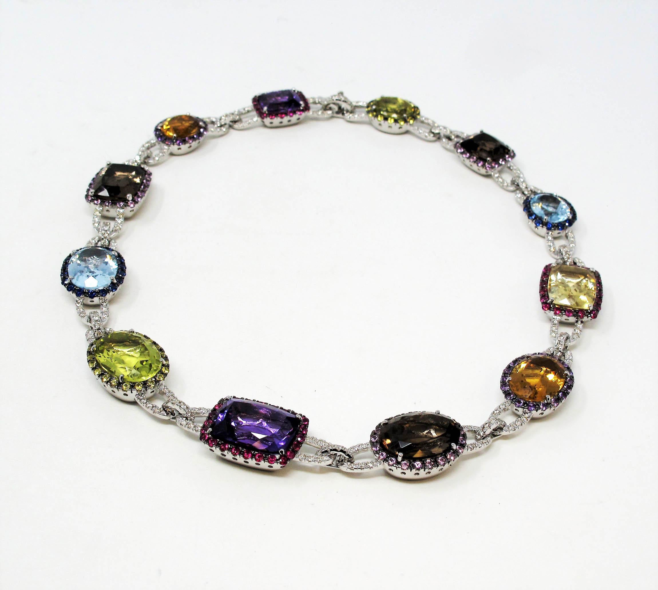 Mehrfarbige Edelsteine und Pavé-Diamanten Choker Halskette 18 Karat Weißgold Damen