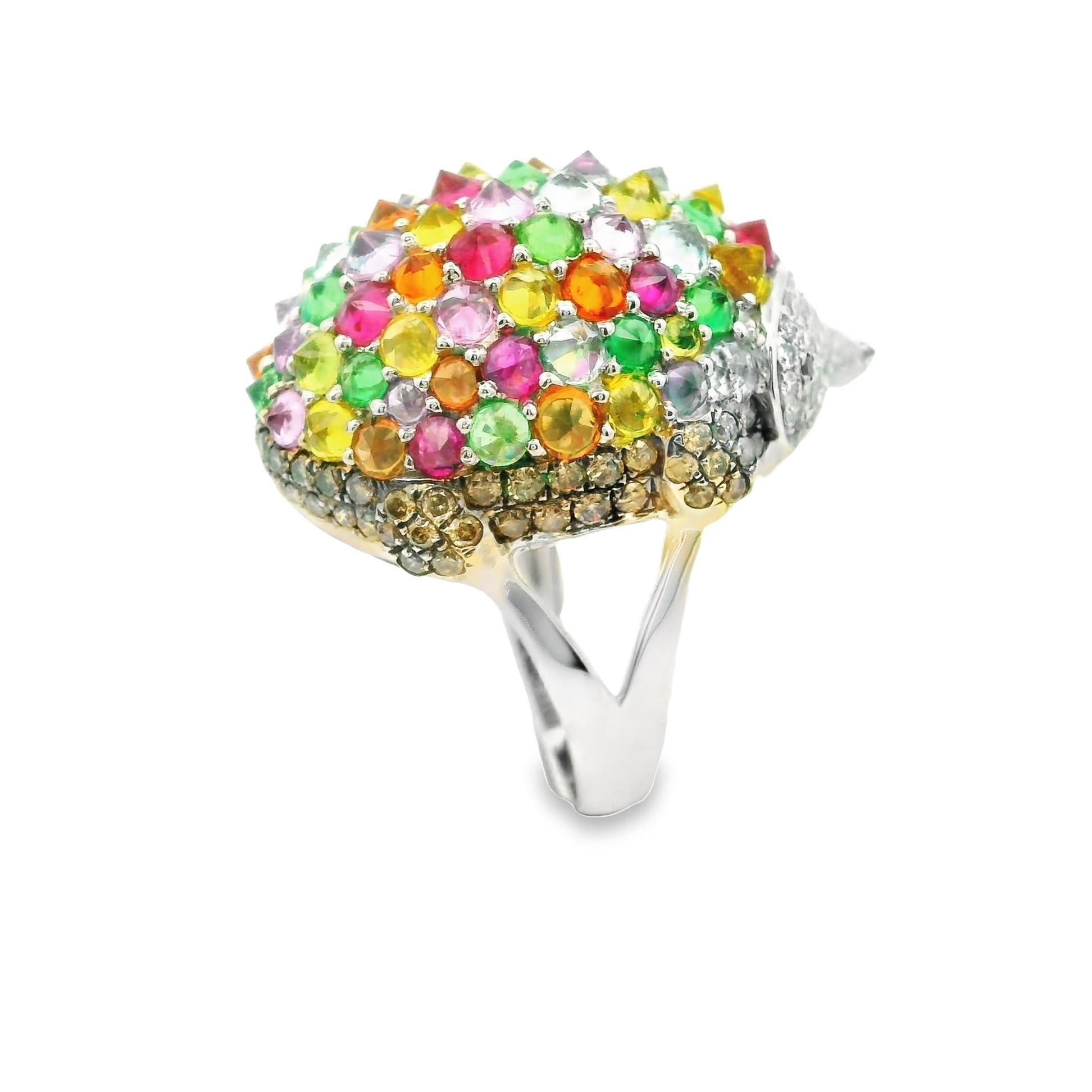 Round Cut Multi-Color Gemstone Diamond 18K White Gold Hedgehog Ring For Sale