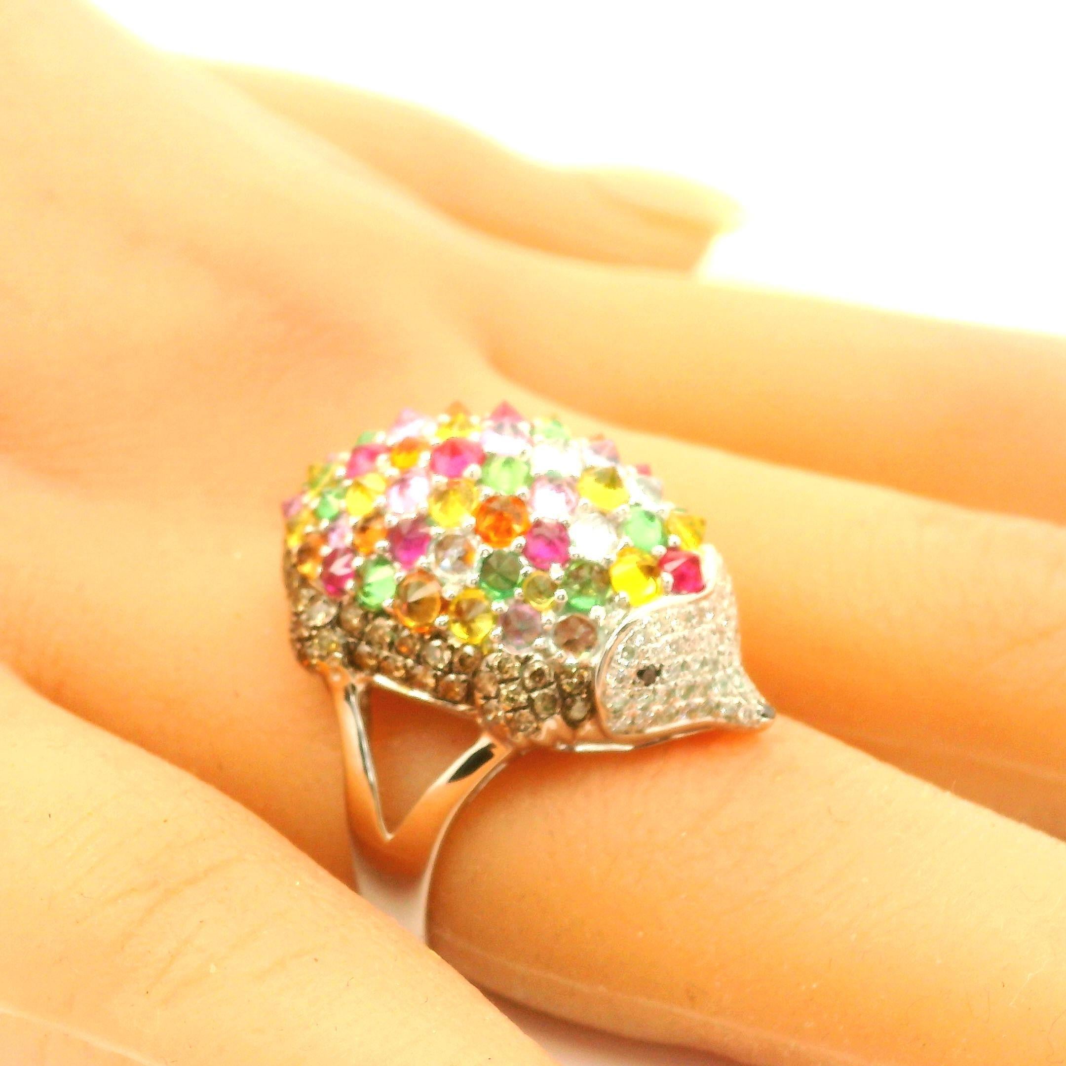 Multi-Color Gemstone Diamond 18K White Gold Hedgehog Ring In New Condition For Sale In Beverly Hills, CA