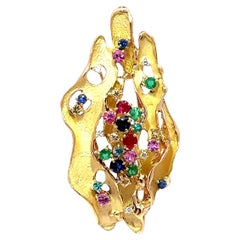 Ruby Sapphire Emerald Paraiba Diamond 18k Yellow Gold Freeform Brooch Pendant