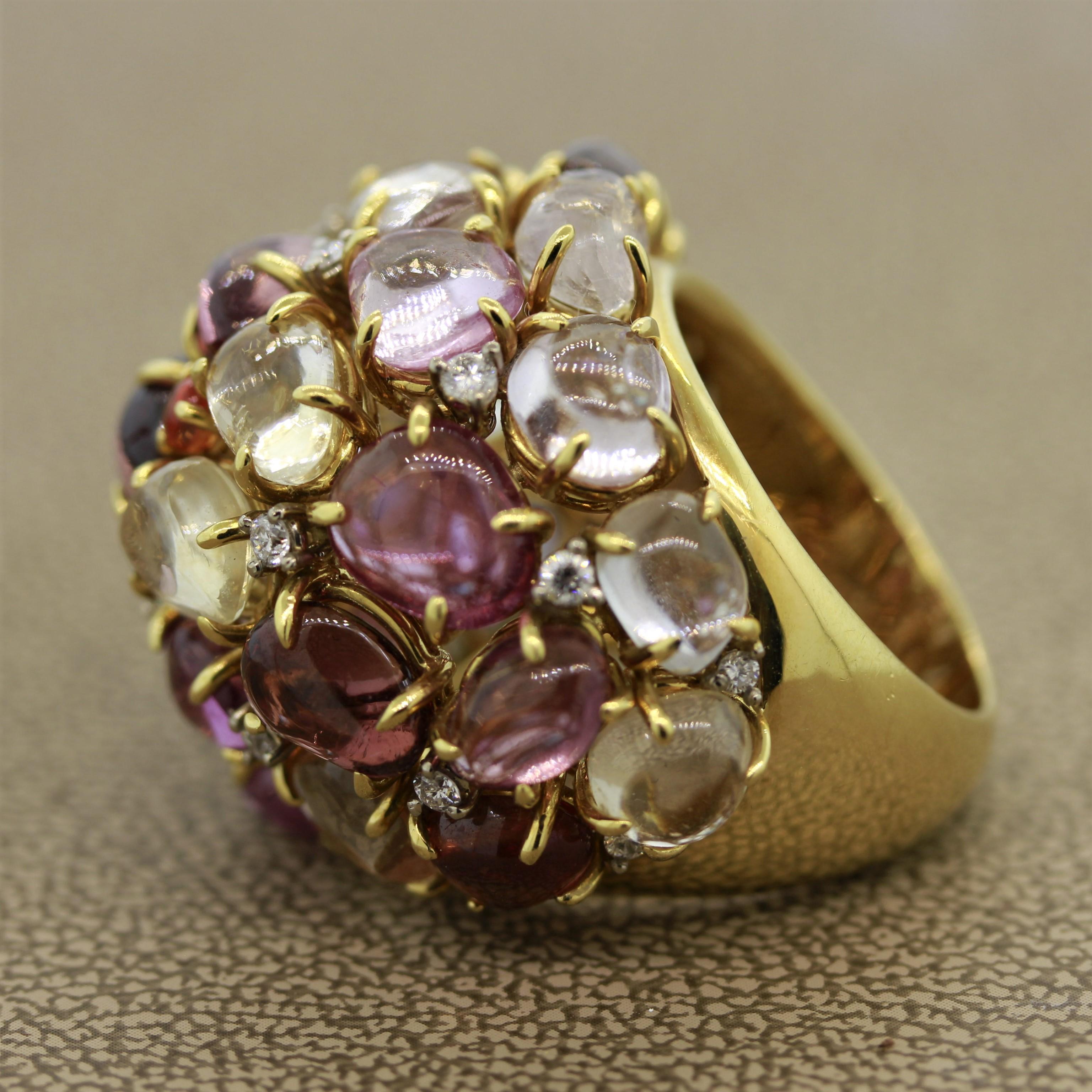 Mixed Cut Multi-Color Gemstone Diamond Gold Dome Cocktail Ring For Sale
