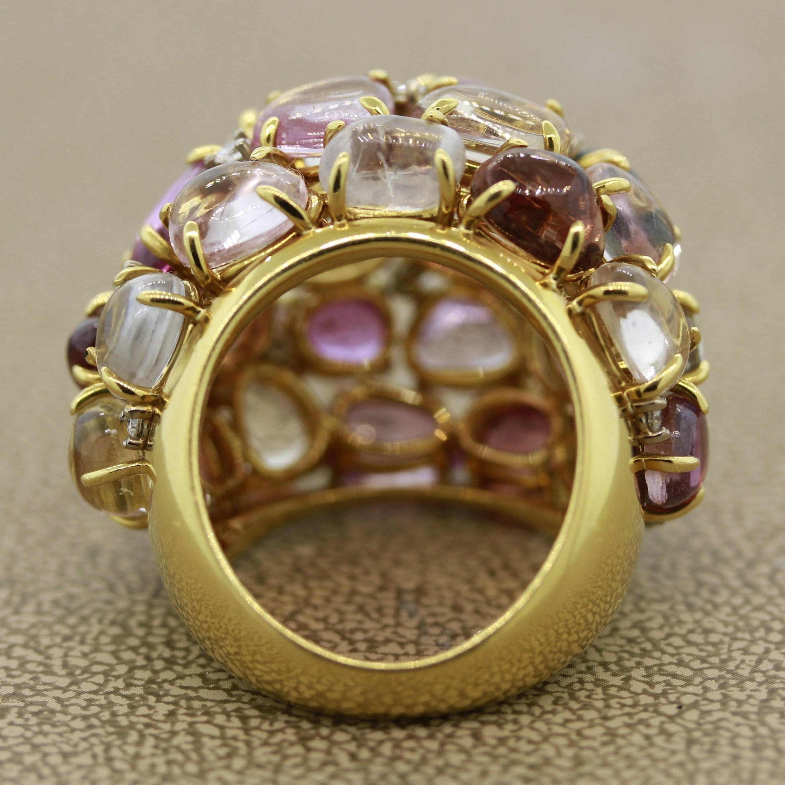 Multi-Color Gemstone Diamond Gold Dome Cocktail Ring In New Condition For Sale In Beverly Hills, CA