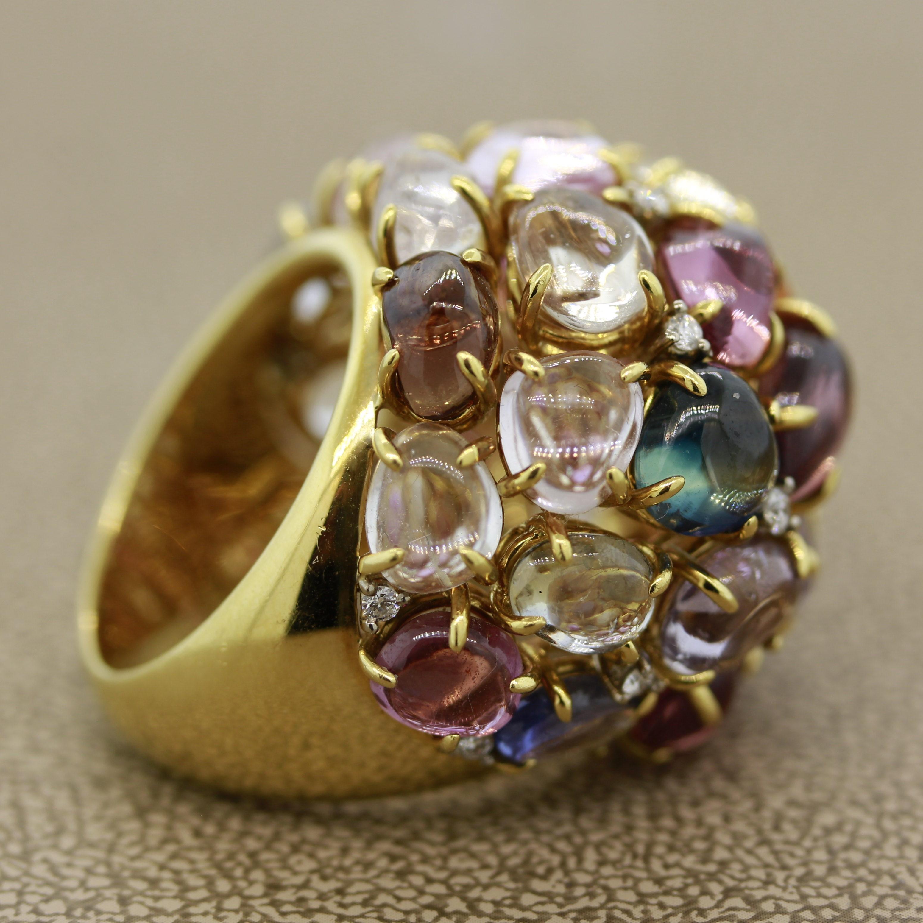 Women's Multi-Color Gemstone Diamond Gold Dome Cocktail Ring For Sale