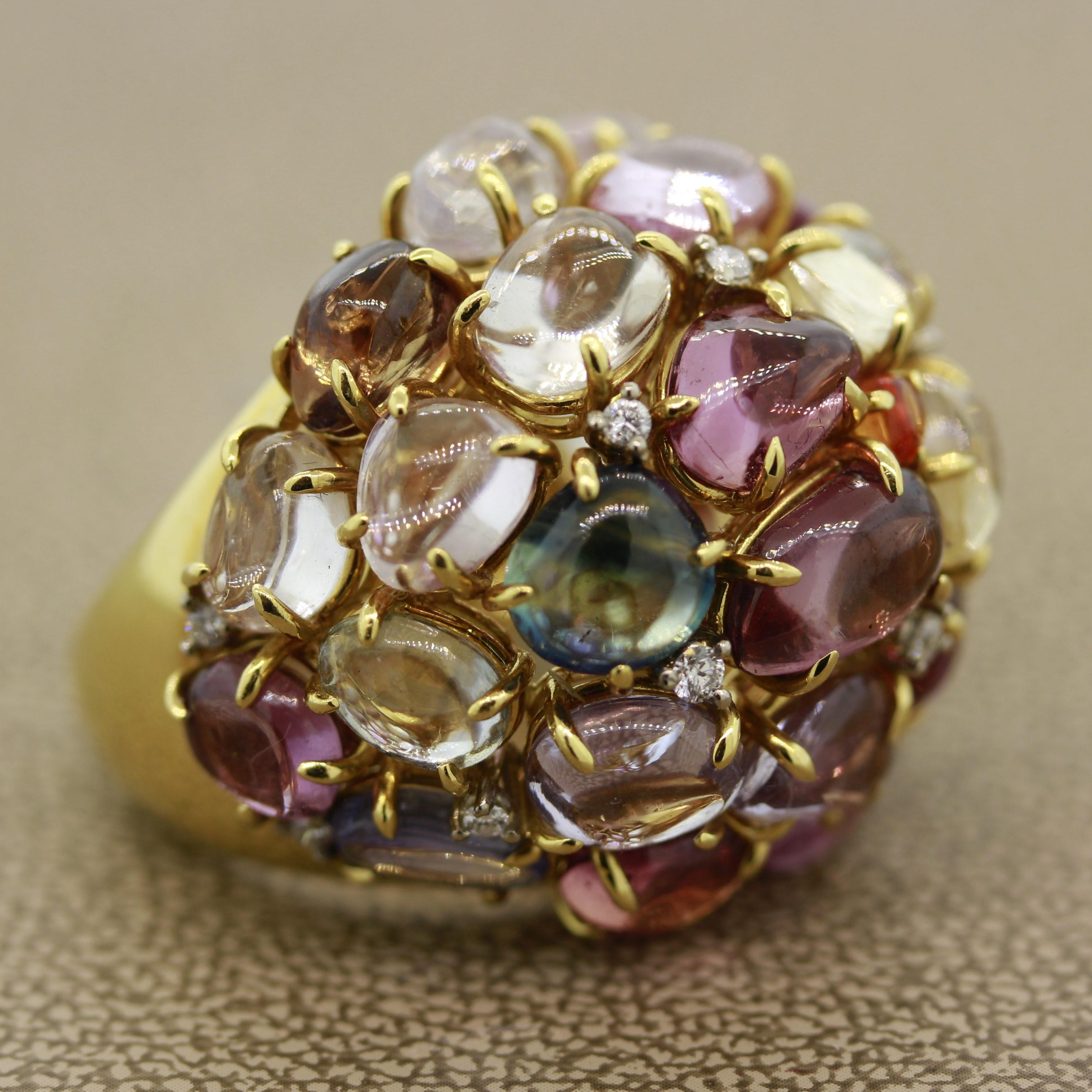 Multi-Color Gemstone Diamond Gold Dome Cocktail Ring For Sale 1