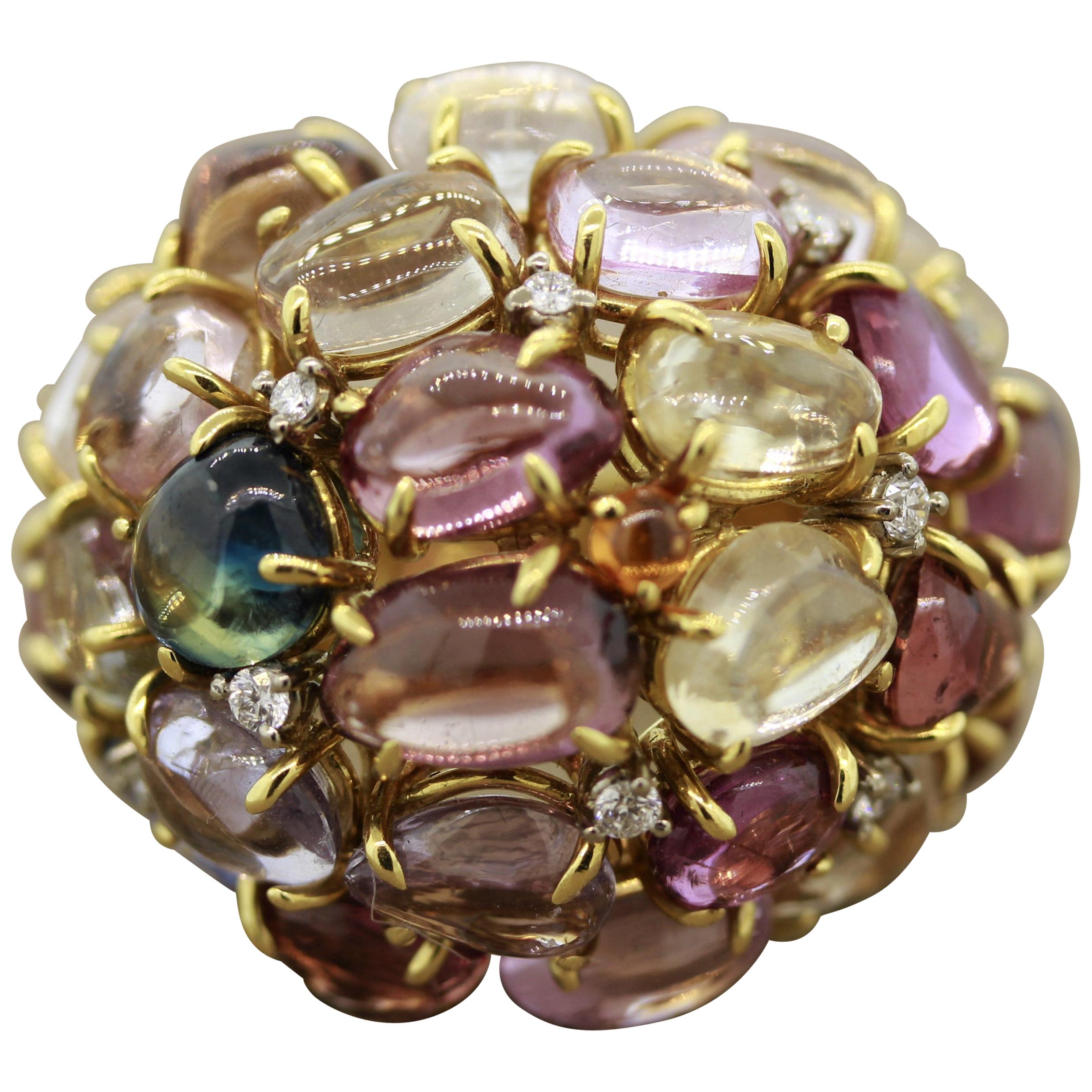 Multi-Color Gemstone Diamond Gold Dome Cocktail Ring