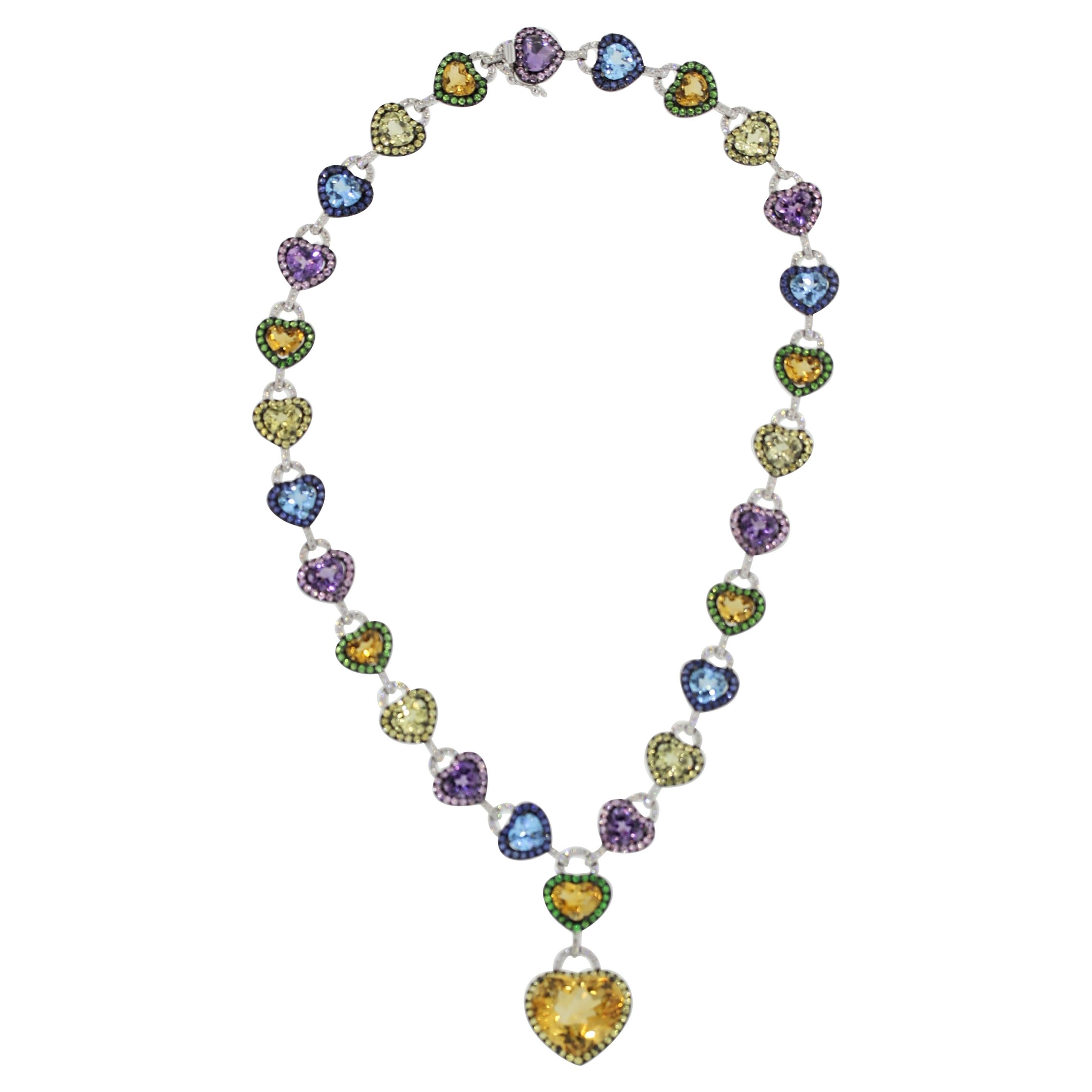 Multi-Color Gemstone Diamond Gold Heart Drop Necklace