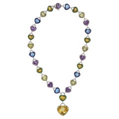 Multi-Color Gemstone Diamond Gold Heart Drop Necklace