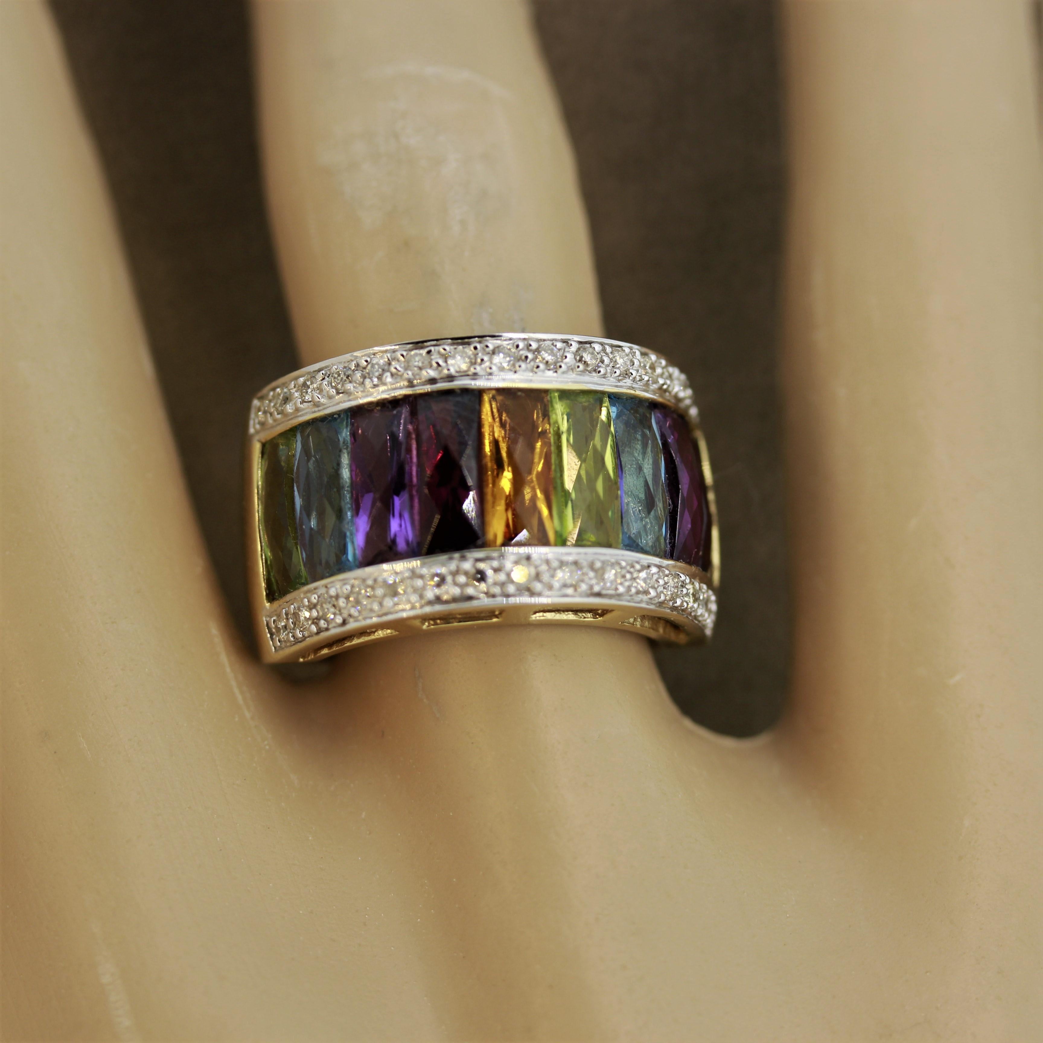 Mixed Cut Multi-Color Gemstone Diamond Gold Ring Band