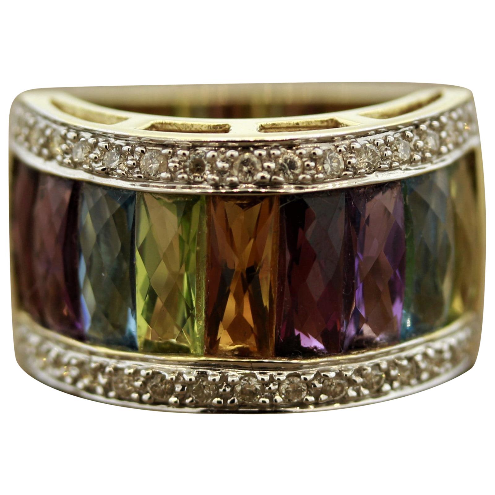 Multi-Color Gemstone Diamond Gold Ring Band