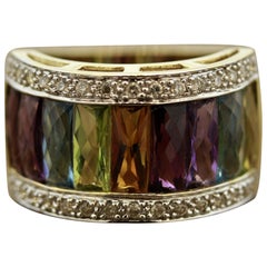 Multi-Color Gemstone Diamond Gold Ring Band