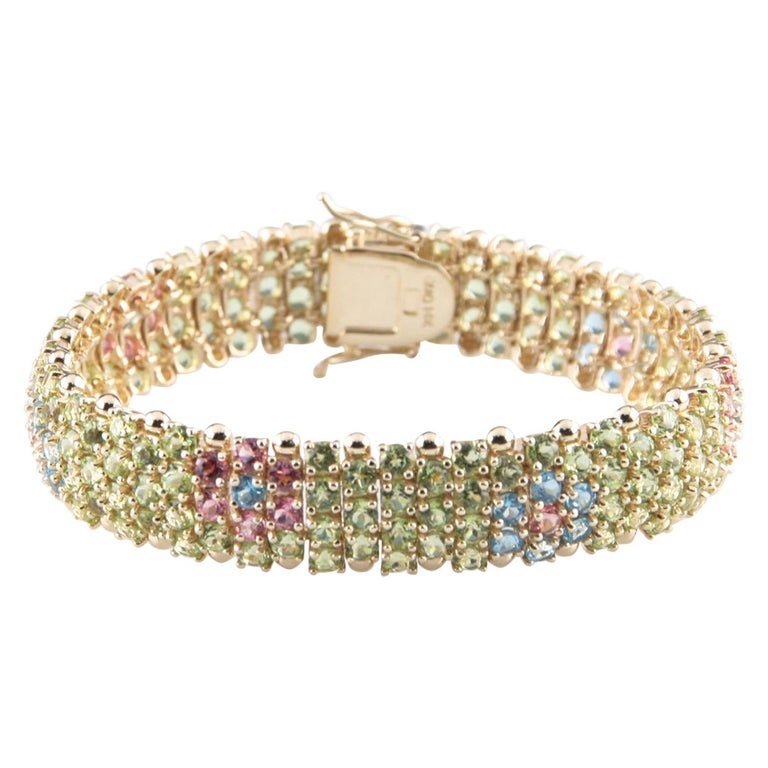 MultiColor Gemstone Floral Design 14 Karat Yellow Gold Bracelet For