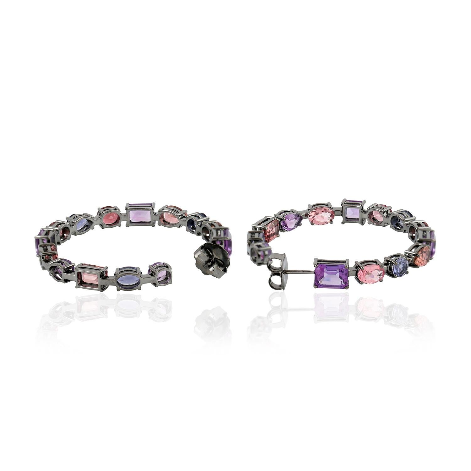 Contemporary Multi Color Gemstone Hoop Earrings Made In 18k White Gold For Sale