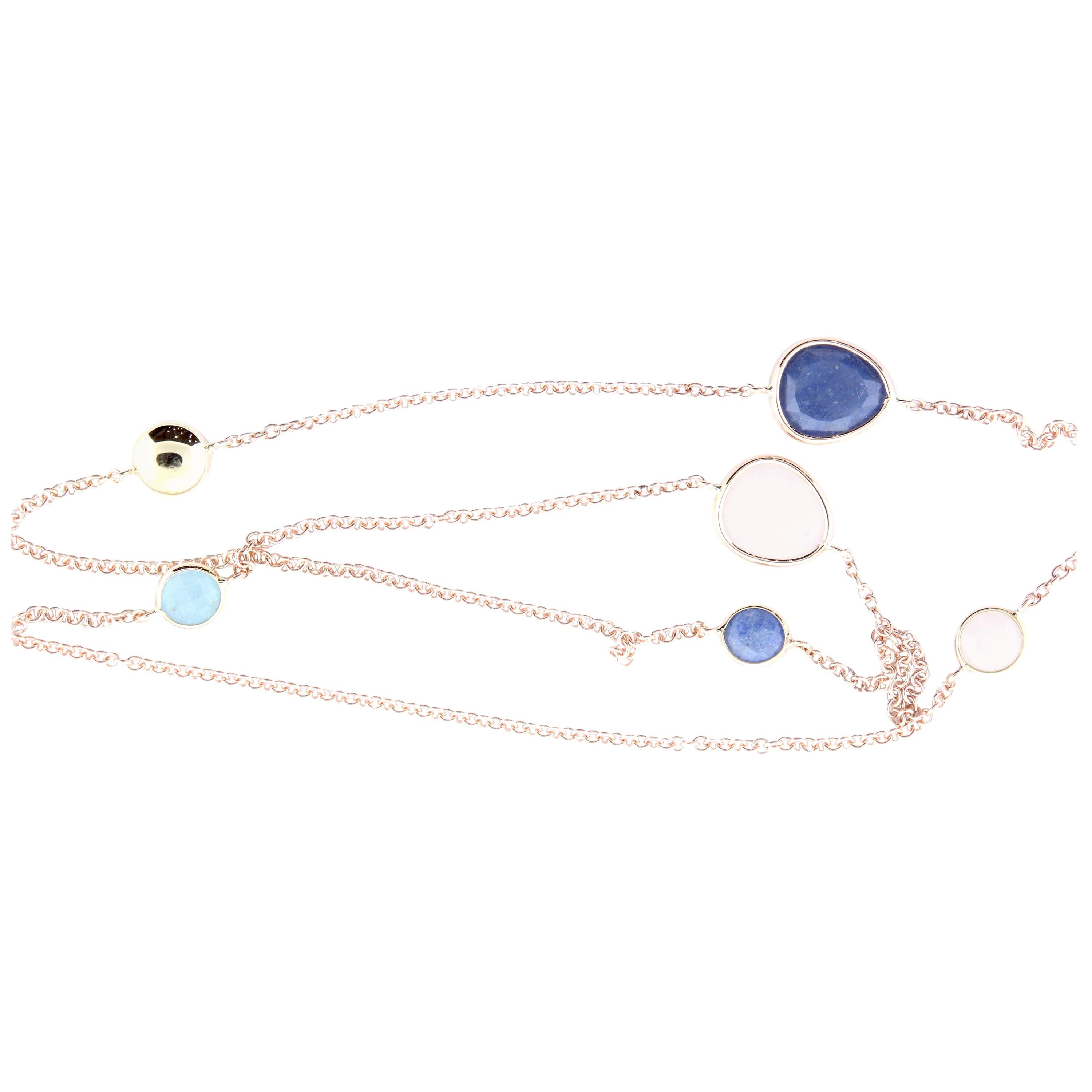 Multi-Color Gemstone Station Layer Necklace 22in Chain 14K Rose Gold For Sale