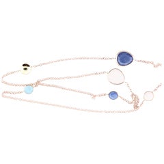 Multi-Color Gemstone Station Layer Necklace 22in Chain 14K Rose Gold