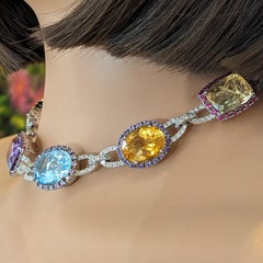 Multi-Color Gemstone Necklace with Diamonds in 18k White Gold, 16"