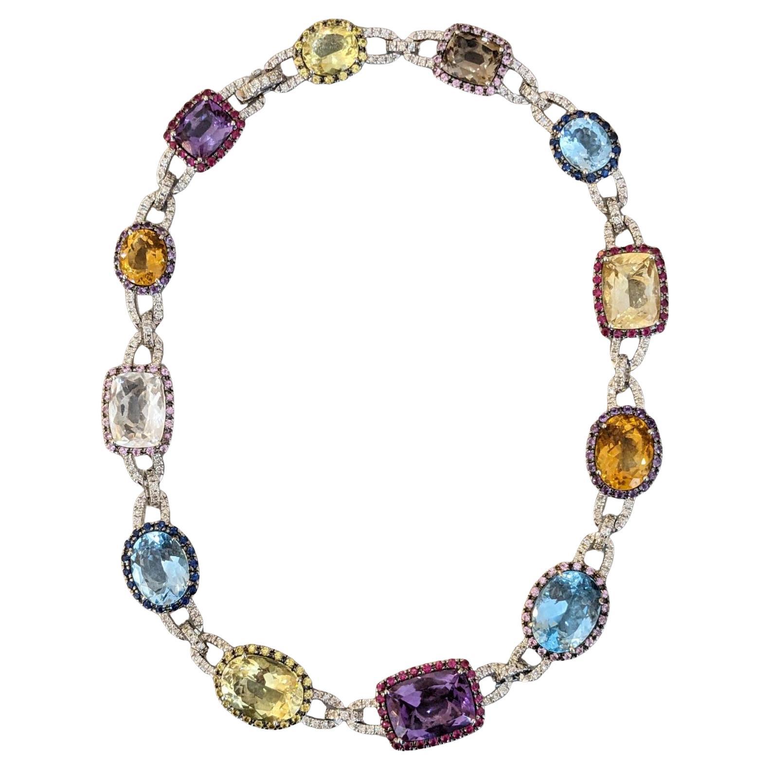 Multi-Color Gemstone Necklace with Diamonds in 18k White Gold, 16"