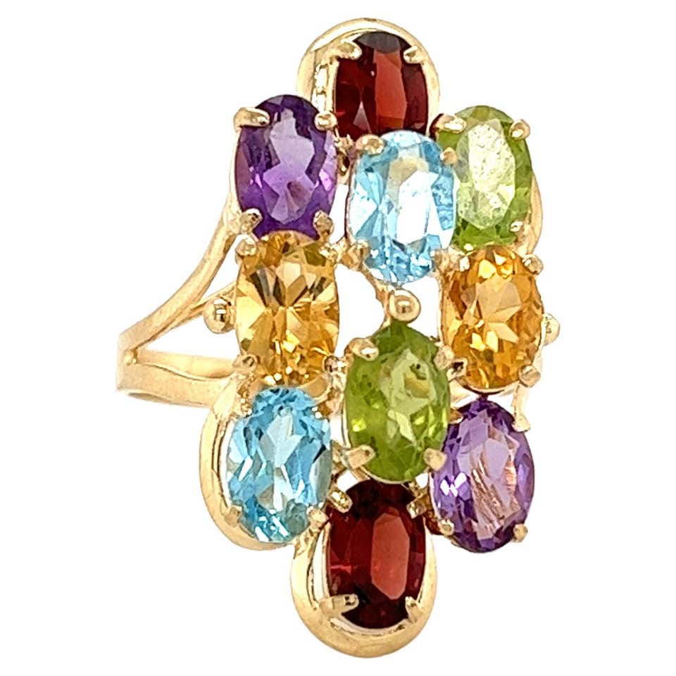 14K Gold Rainbow Multi Color Bezel Set Gemstone Stacking Band Ring For ...