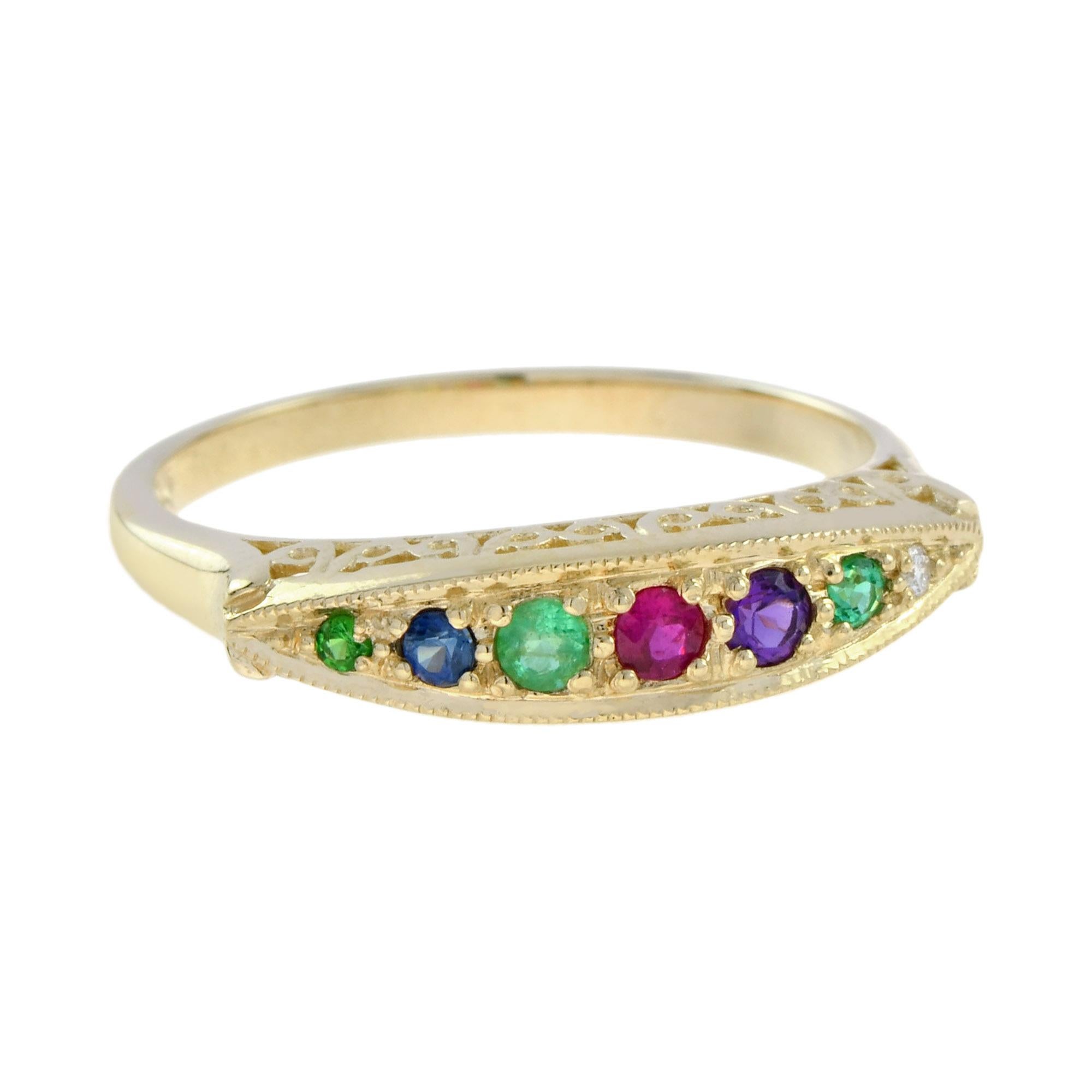 Eine faszinierende Kombination verschiedenfarbiger funkelnder Edelsteine wird in diesem Ring mit mehreren Edelsteinen wirkungsvoll zusammengeführt. Ein Tansanit, ein atemberaubender violetter Amethyst, ein schöner Rubin, ein kühler blauer Saphir und