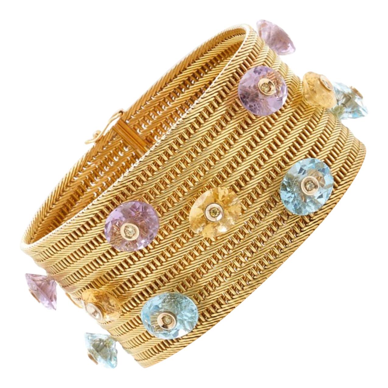 Multi-Color Gemstone Woven Yellow Gold Bracelet For Sale