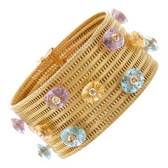 Retro Multi-Color Gemstone Woven Yellow Gold Bracelet