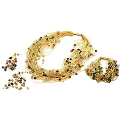 Multi-Color Gemstone Yellow Gold Bracelet Necklace and Earrings Set