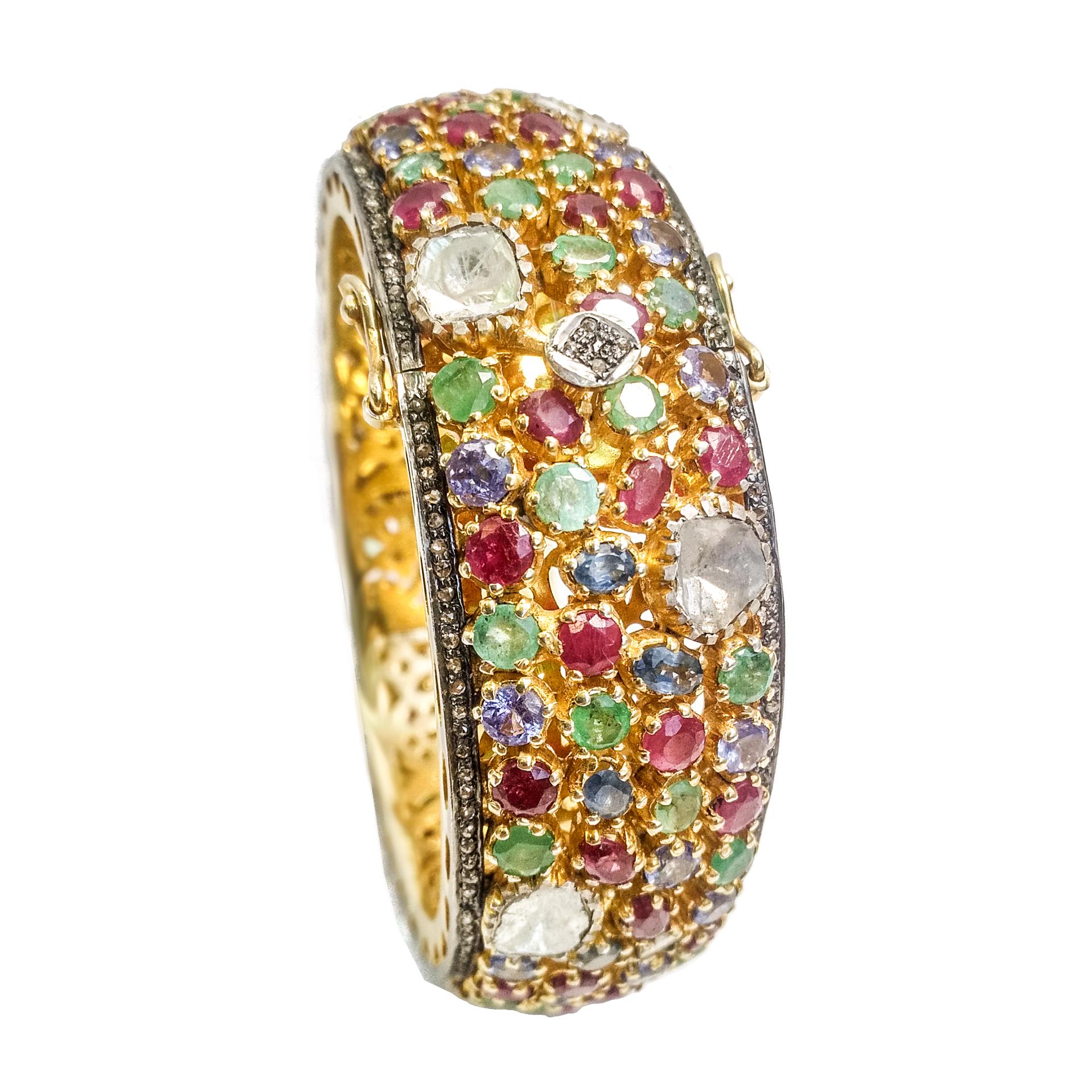 Colorfull striking bangle, Lively multi color gemstones & fancy shape rose cut diamond (polki) bangle. Contemporary handcrafted vibrant round & oval faceted sapphires, emerald, rubies & diamonds encased in bezel milgrain mount, accented with