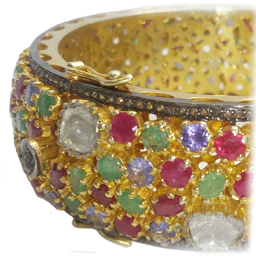 Contemporary Multi-Color Gemstones and Diamond Bangle