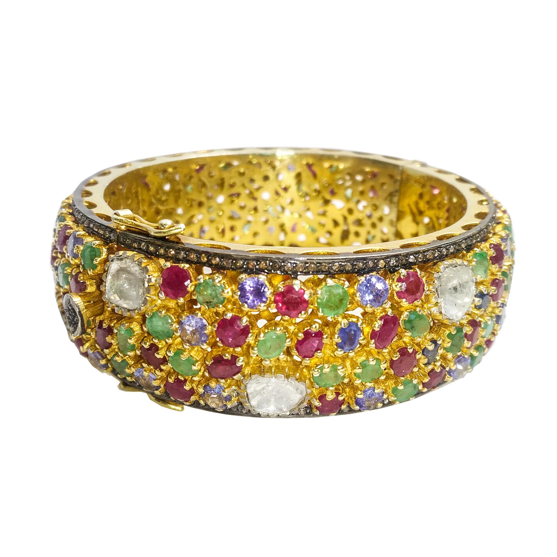 Women's or Men's Multi-Color Gemstones and Diamond Bangle